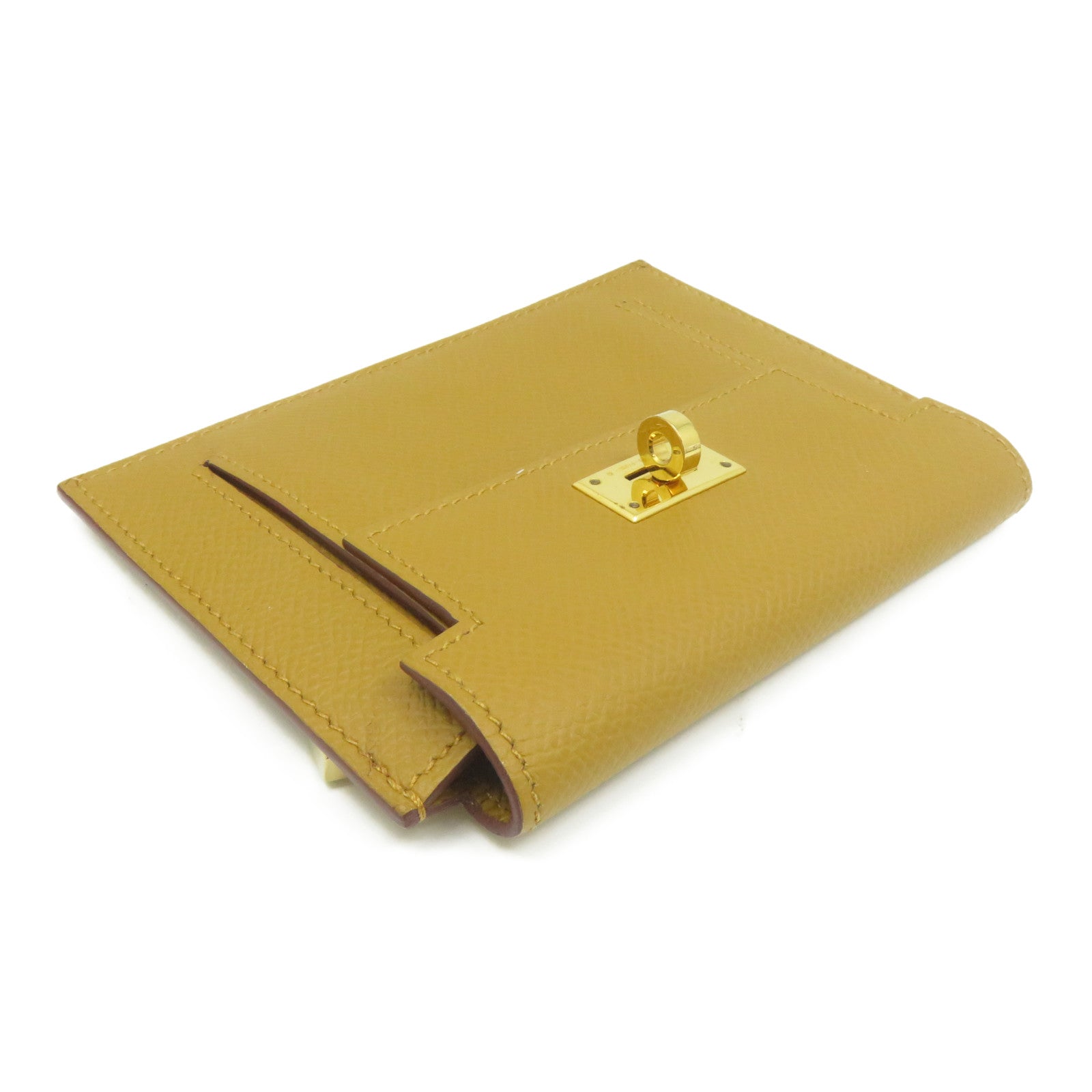 HERMES Epsom皮革Kelly Pocket Compact Wallet金扣錢包芥末色