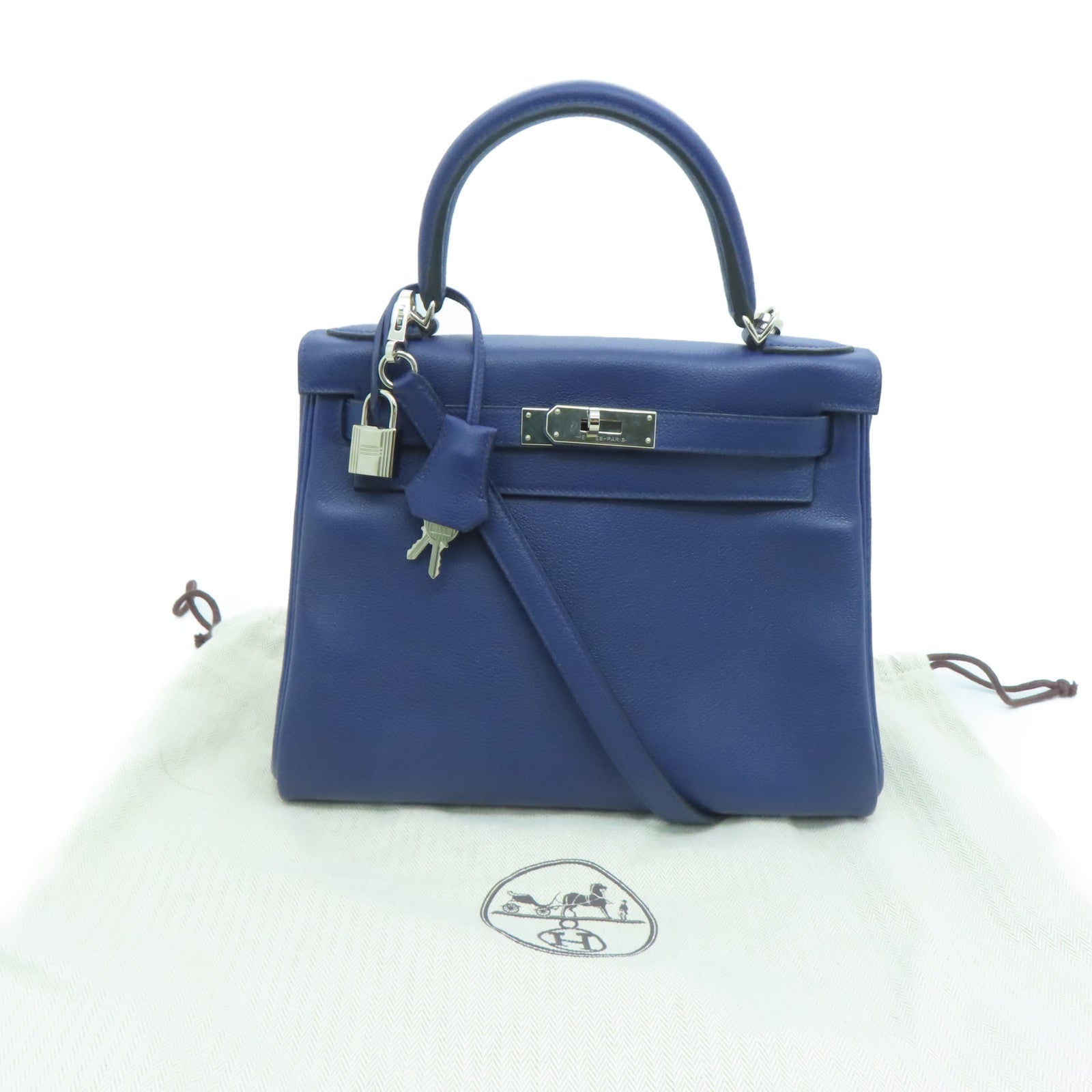 HERMES Evercolor皮革Kelly 28銀扣手挽肩背兩用袋Bleu Encre