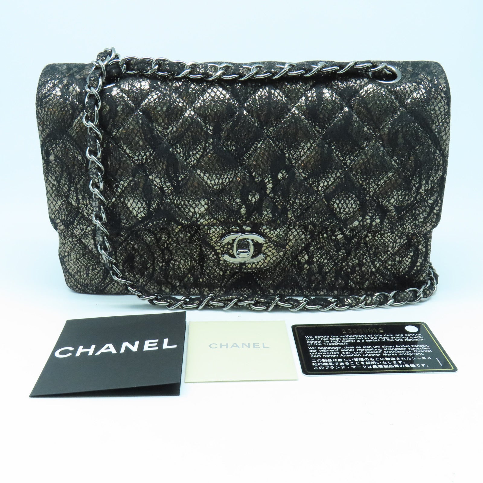 CHANEL 菱格Lace/皮革Shoulder Bag银扣链带肩背袋黑色