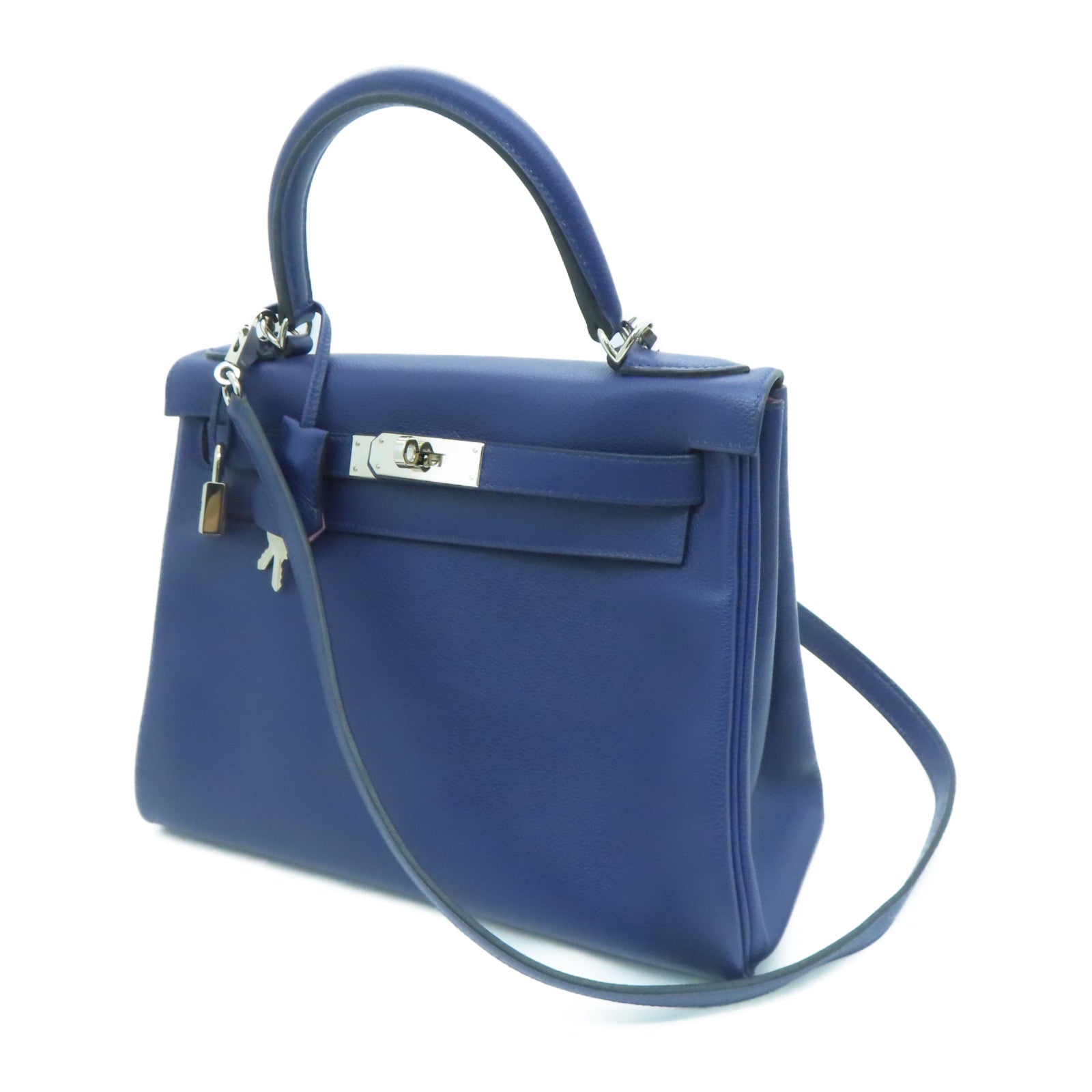 HERMES Evercolor皮革Kelly 28银扣手挽肩背两用袋Bleu Encre/Mauve Sylvestre墨水蓝色/锦葵紫色