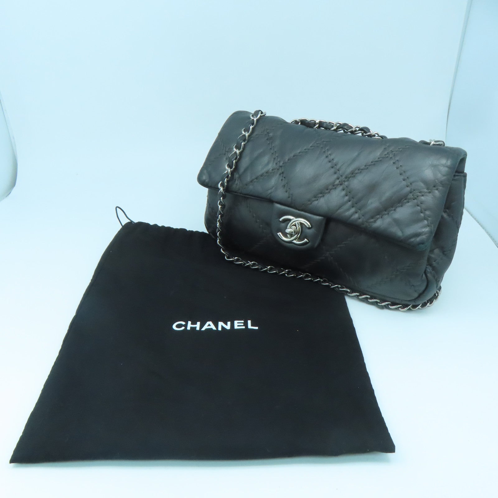 CHANEL rhombic cowhide leather Chain Shoulder silver buckle chain shoulder bag gray