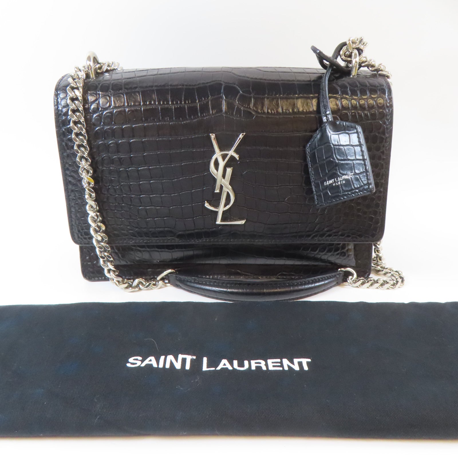 SAINT LAURENT 牛皮皮革Shoulder Bag銀扣鏈帶肩背袋黑色