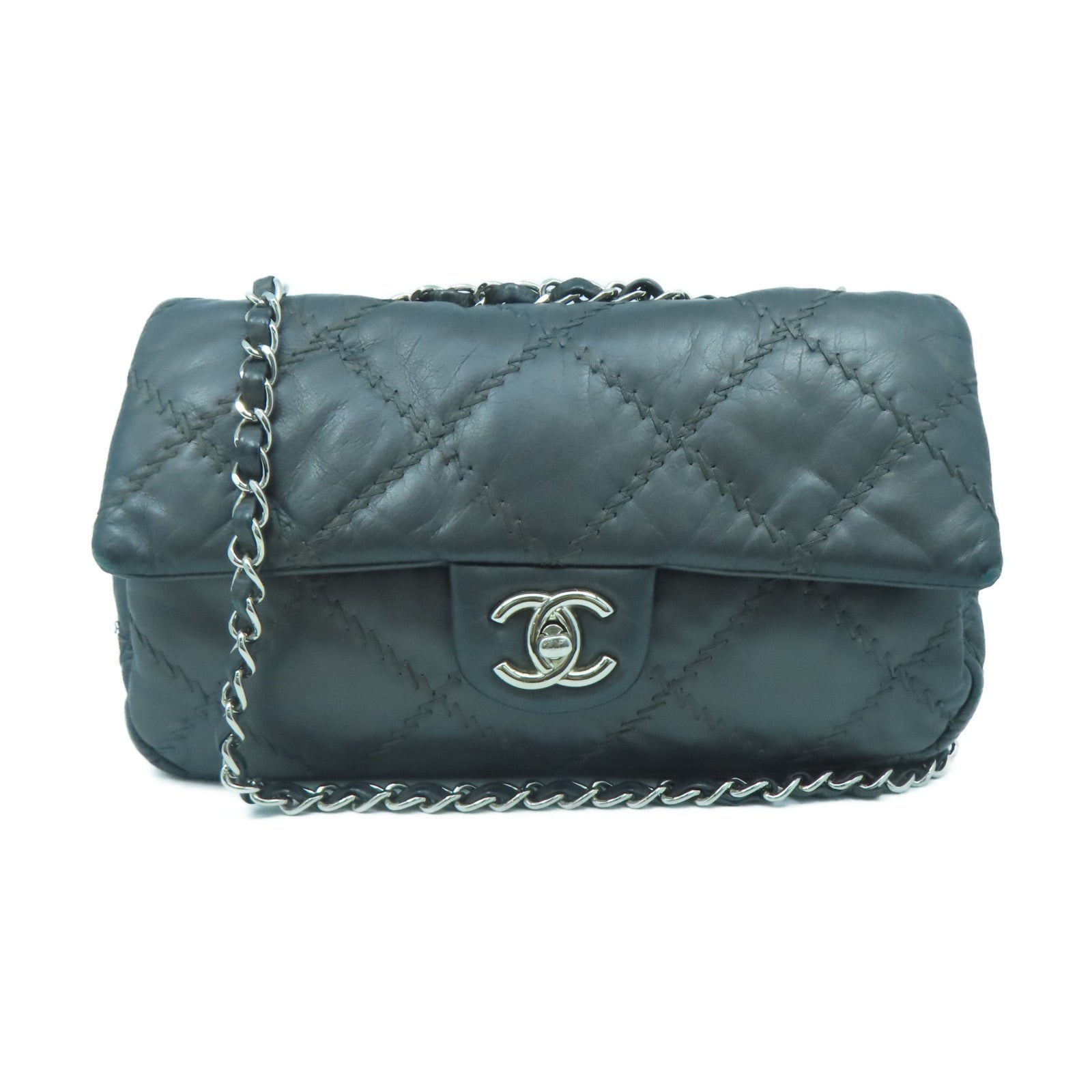 CHANEL rhombic cowhide leather Chain Shoulder silver buckle chain shoulder bag gray