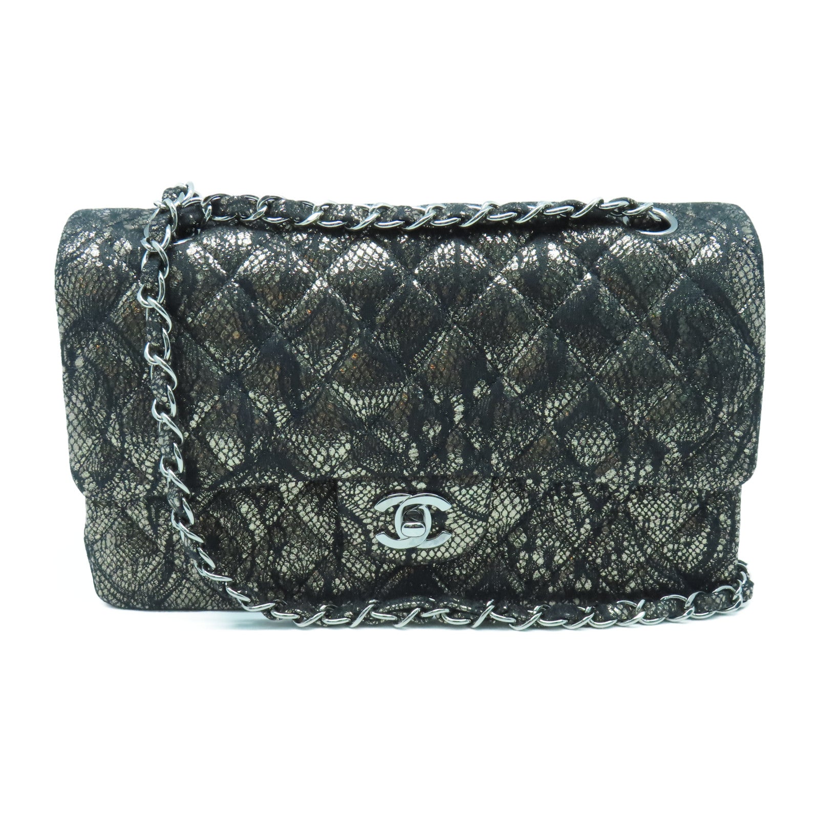 CHANEL 菱格Lace/皮革Shoulder Bag银扣链带肩背袋黑色
