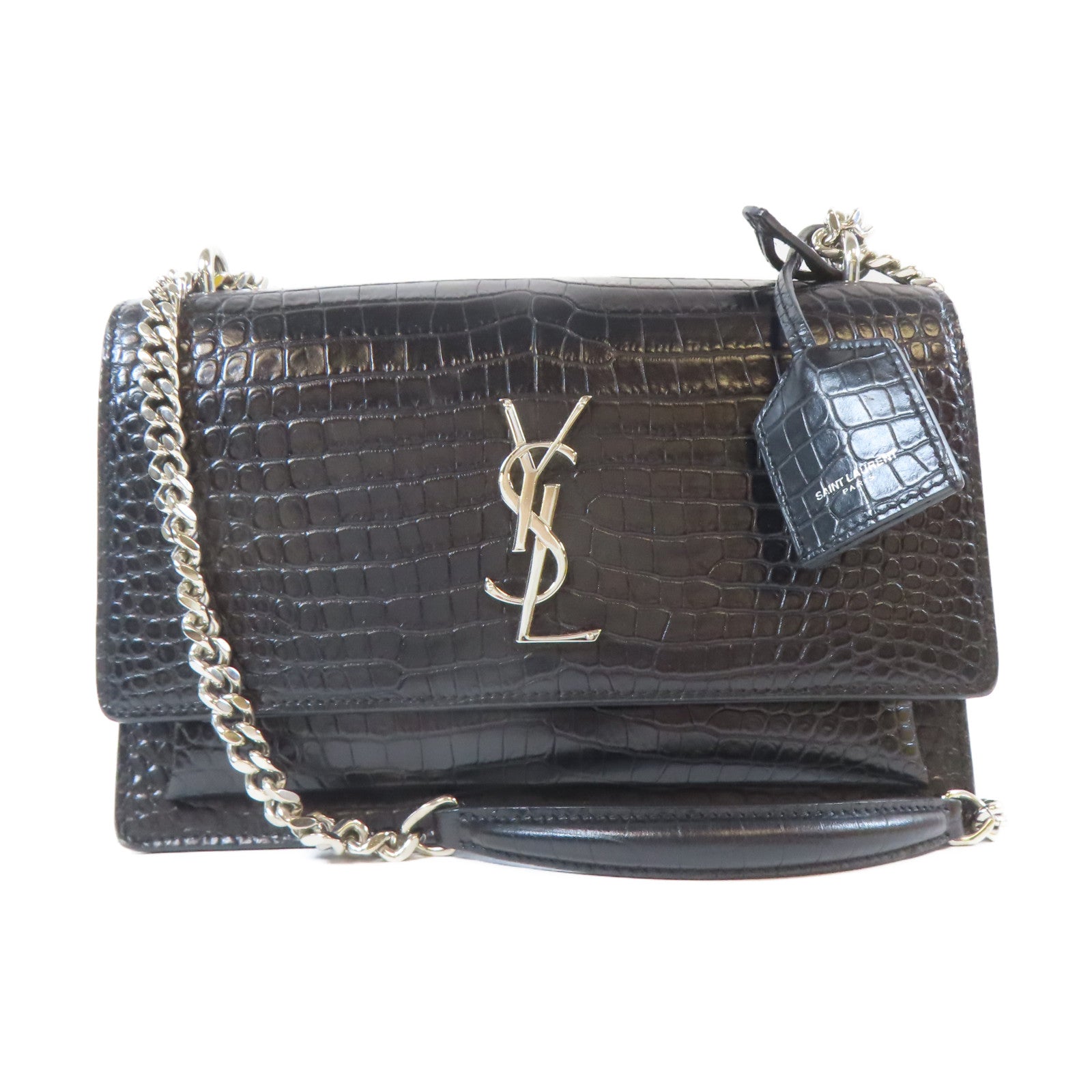 SAINT LAURENT 牛皮皮革Shoulder Bag銀扣鏈帶肩背袋黑色