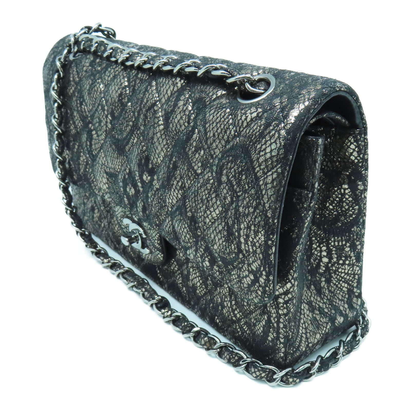 CHANEL 菱格Lace/皮革Shoulder Bag银扣链带肩背袋黑色