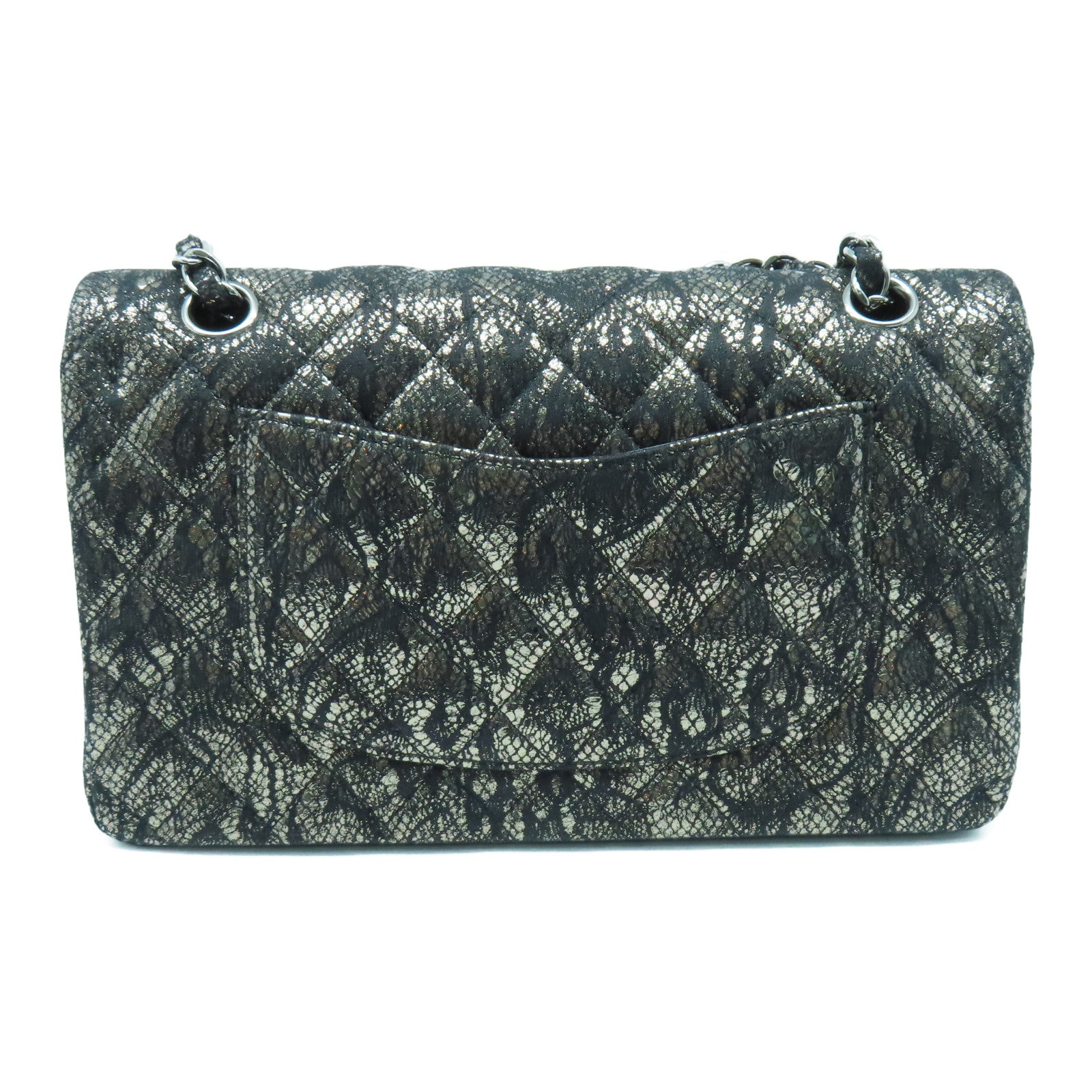 CHANEL 菱格Lace/皮革Shoulder Bag银扣链带肩背袋黑色