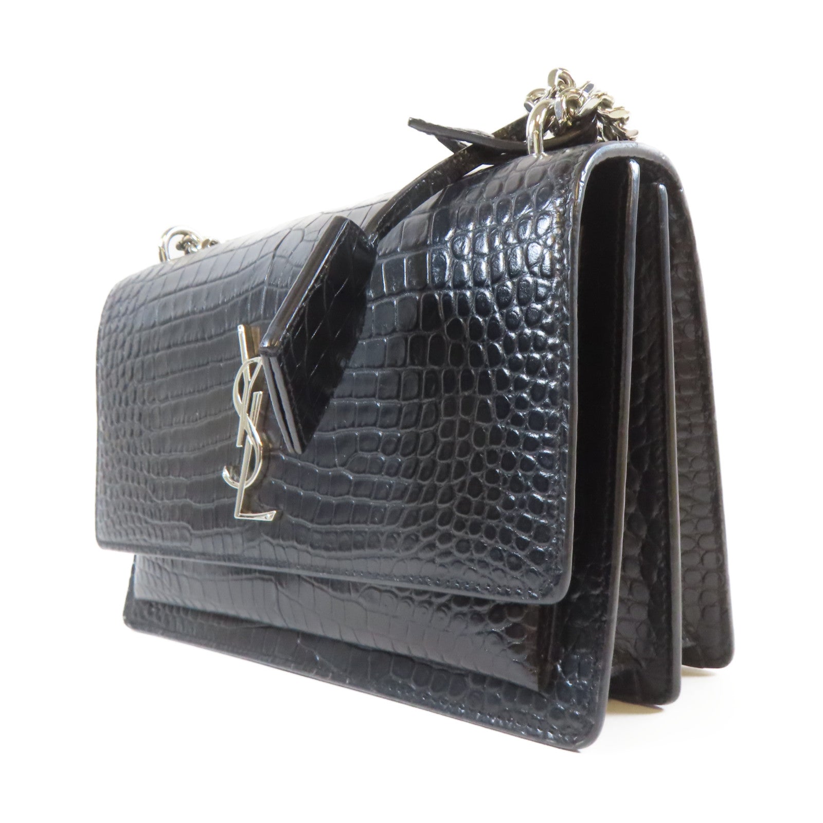 SAINT LAURENT 牛皮皮革Shoulder Bag銀扣鏈帶肩背袋黑色