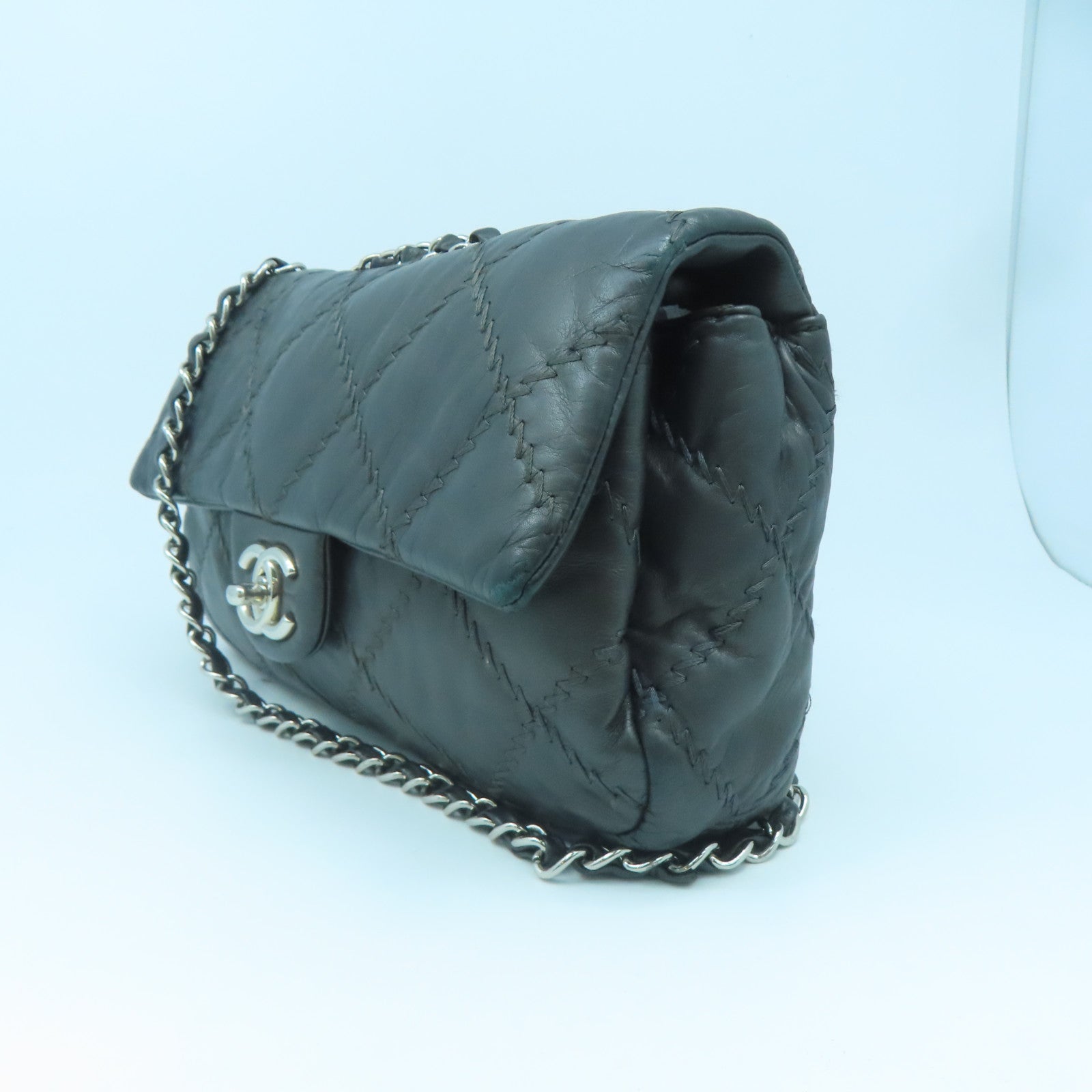CHANEL rhombic cowhide leather Chain Shoulder silver buckle chain shoulder bag gray