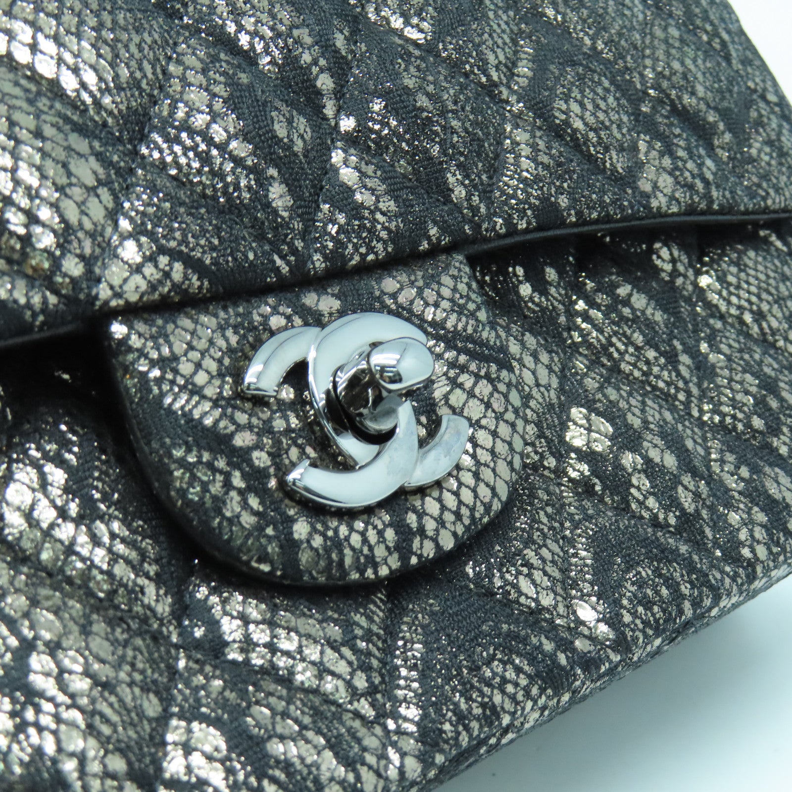 CHANEL 菱格Lace/皮革Shoulder Bag银扣链带肩背袋黑色