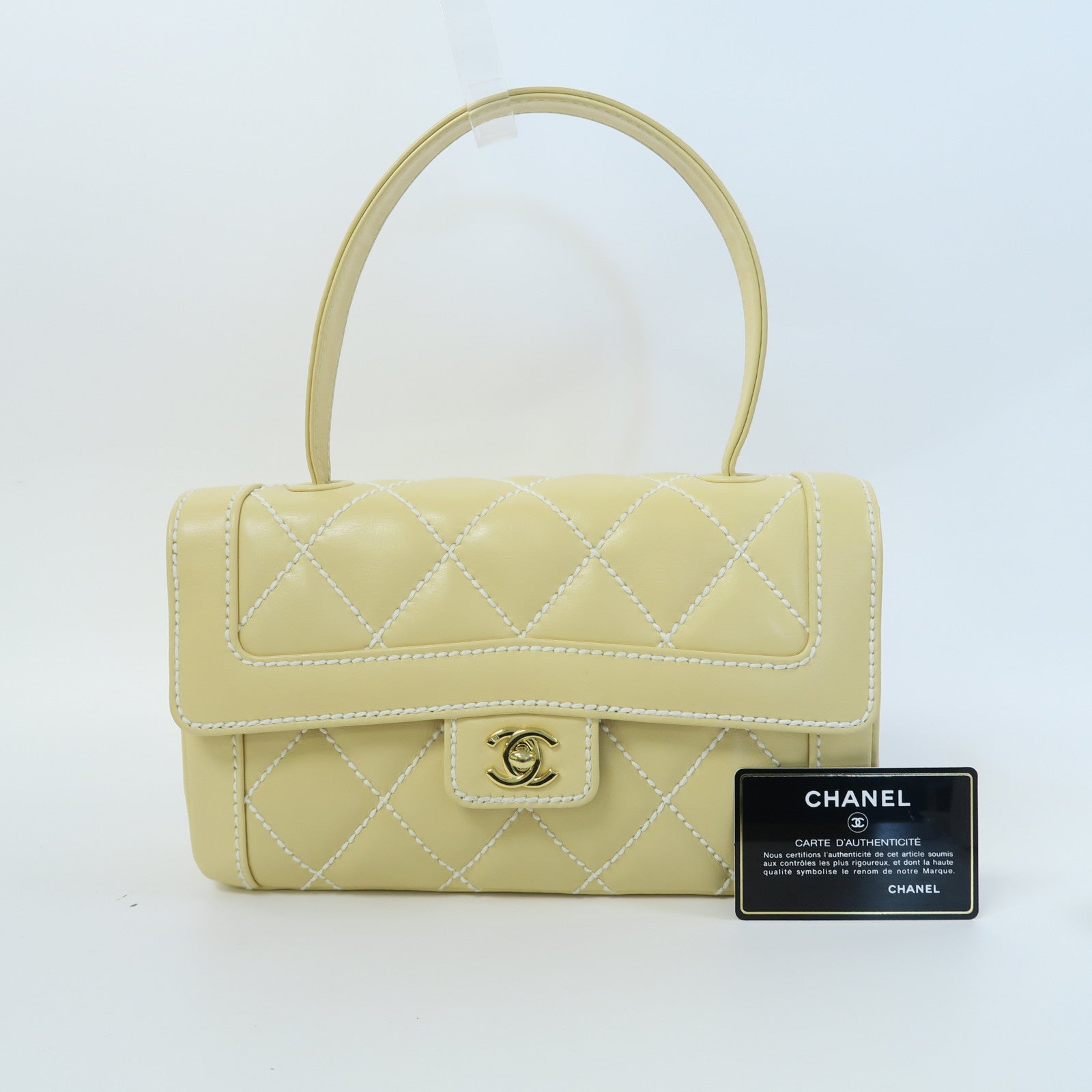 CHANEL 菱格牛皮皮革Handbag金扣手挽袋黃色