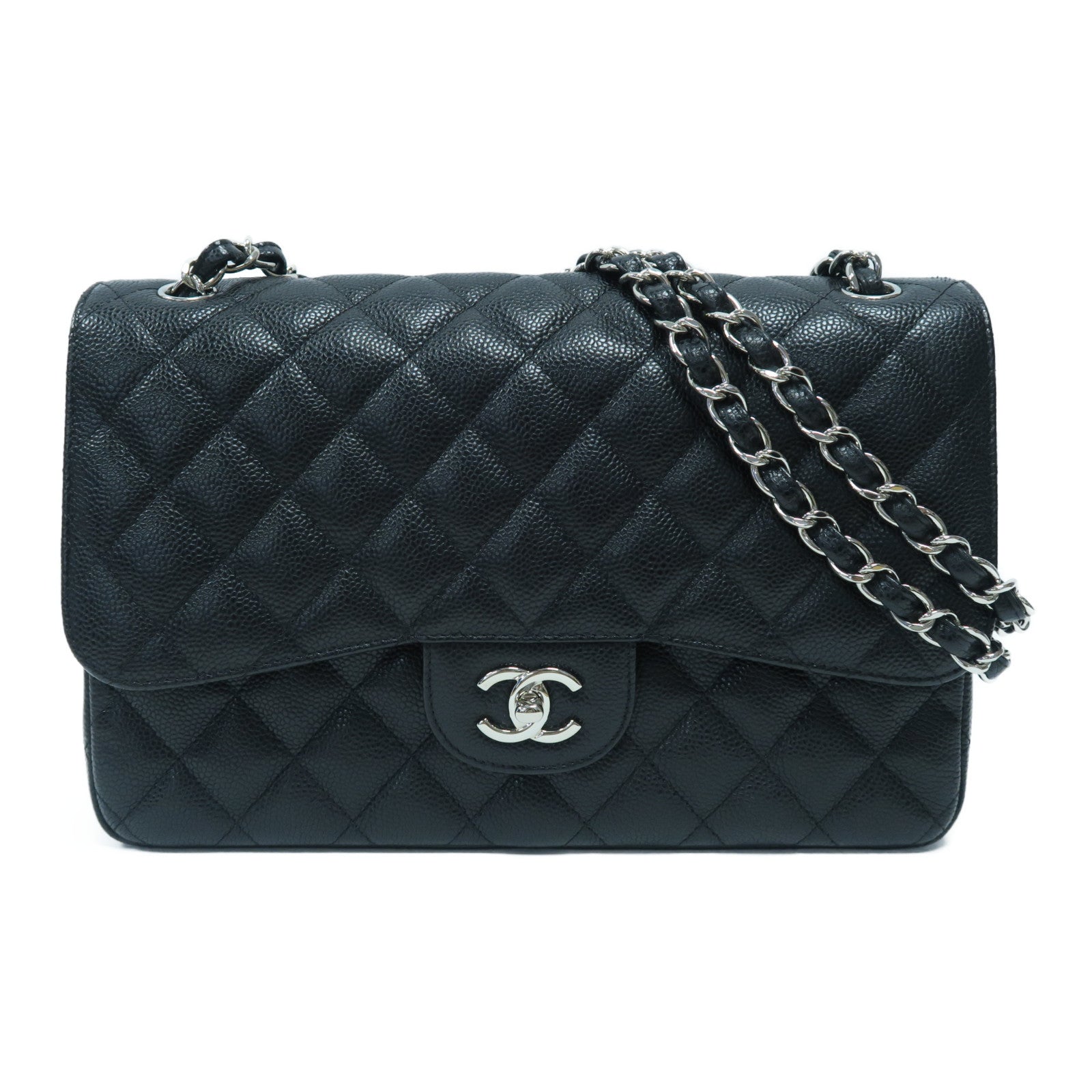 CHANEL 菱格Caviar皮革Classic Flap Jumbo銀扣鏈帶肩背袋黑色