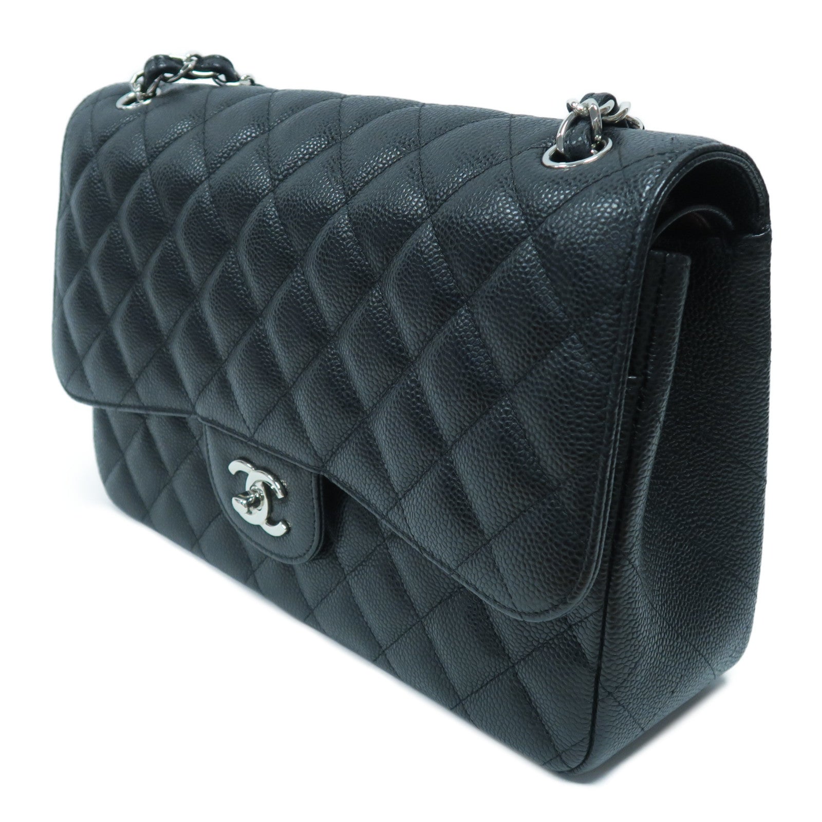 CHANEL 菱格Caviar皮革Classic Flap Jumbo銀扣鏈帶肩背袋黑色