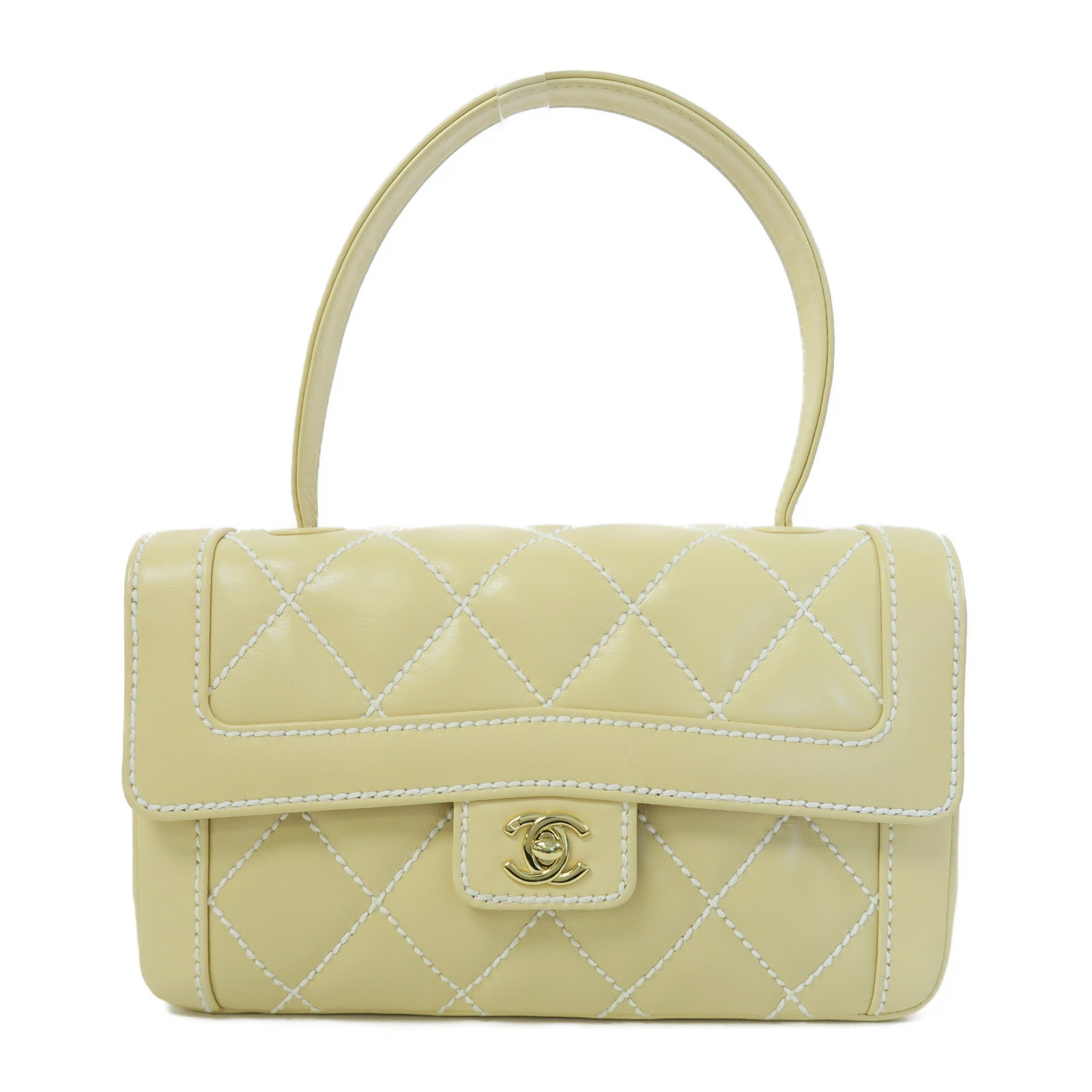 CHANEL 菱格牛皮皮革Handbag金扣手挽袋黃色