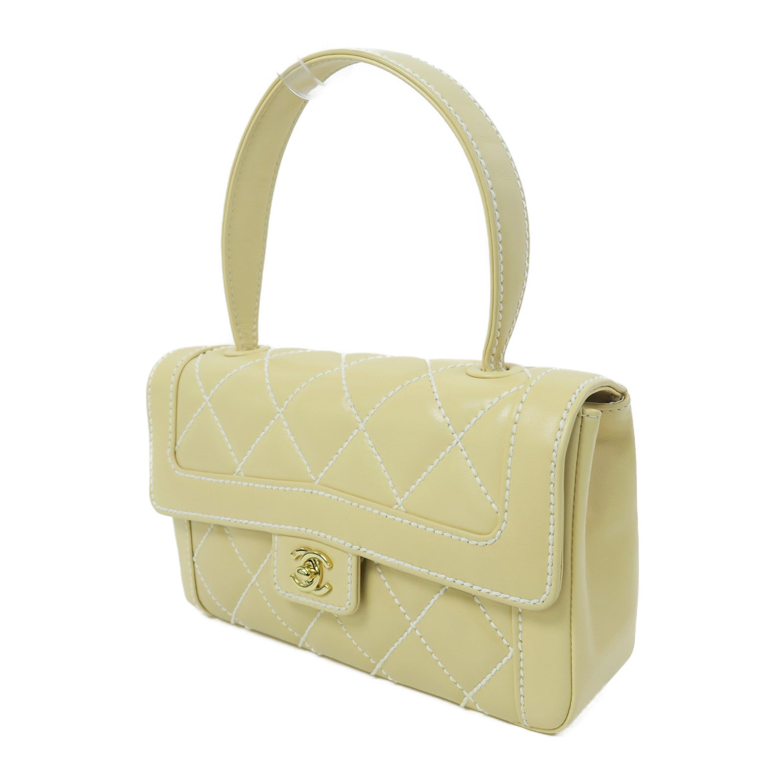 CHANEL 菱格牛皮皮革Handbag金扣手挽袋黃色