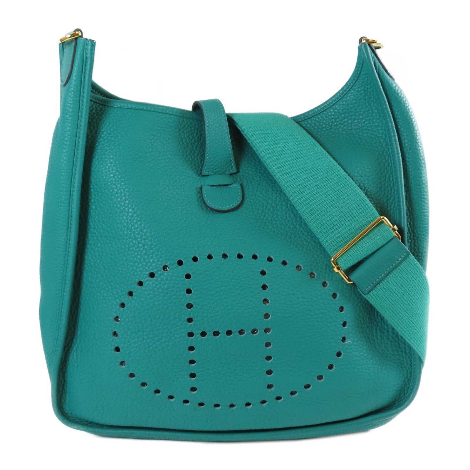 HERMES Clemence皮革Evelyne GM金扣肩背袋綠色