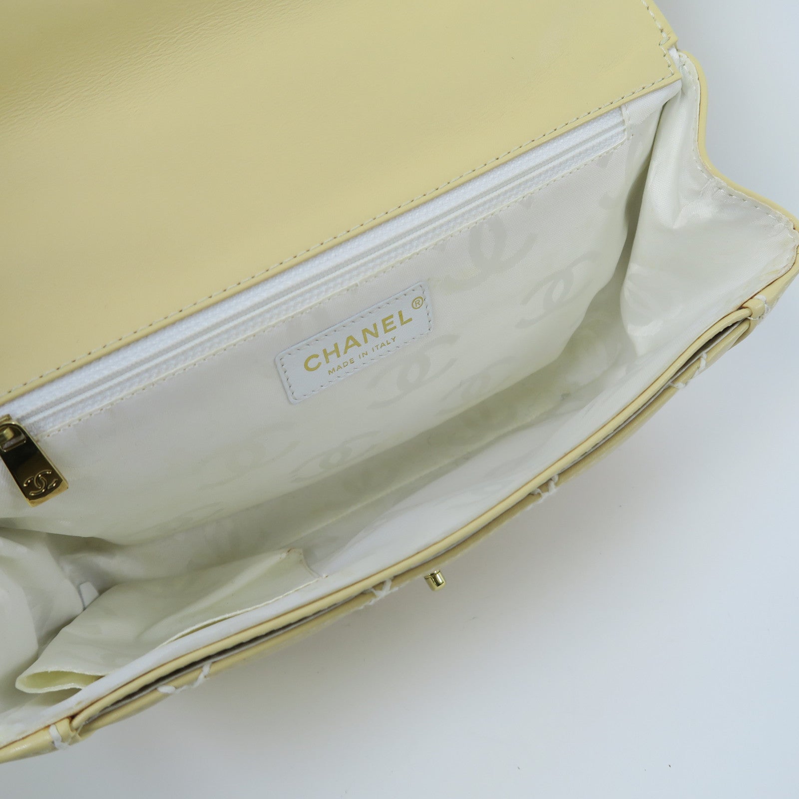 CHANEL 菱格牛皮皮革Handbag金扣手挽袋黃色