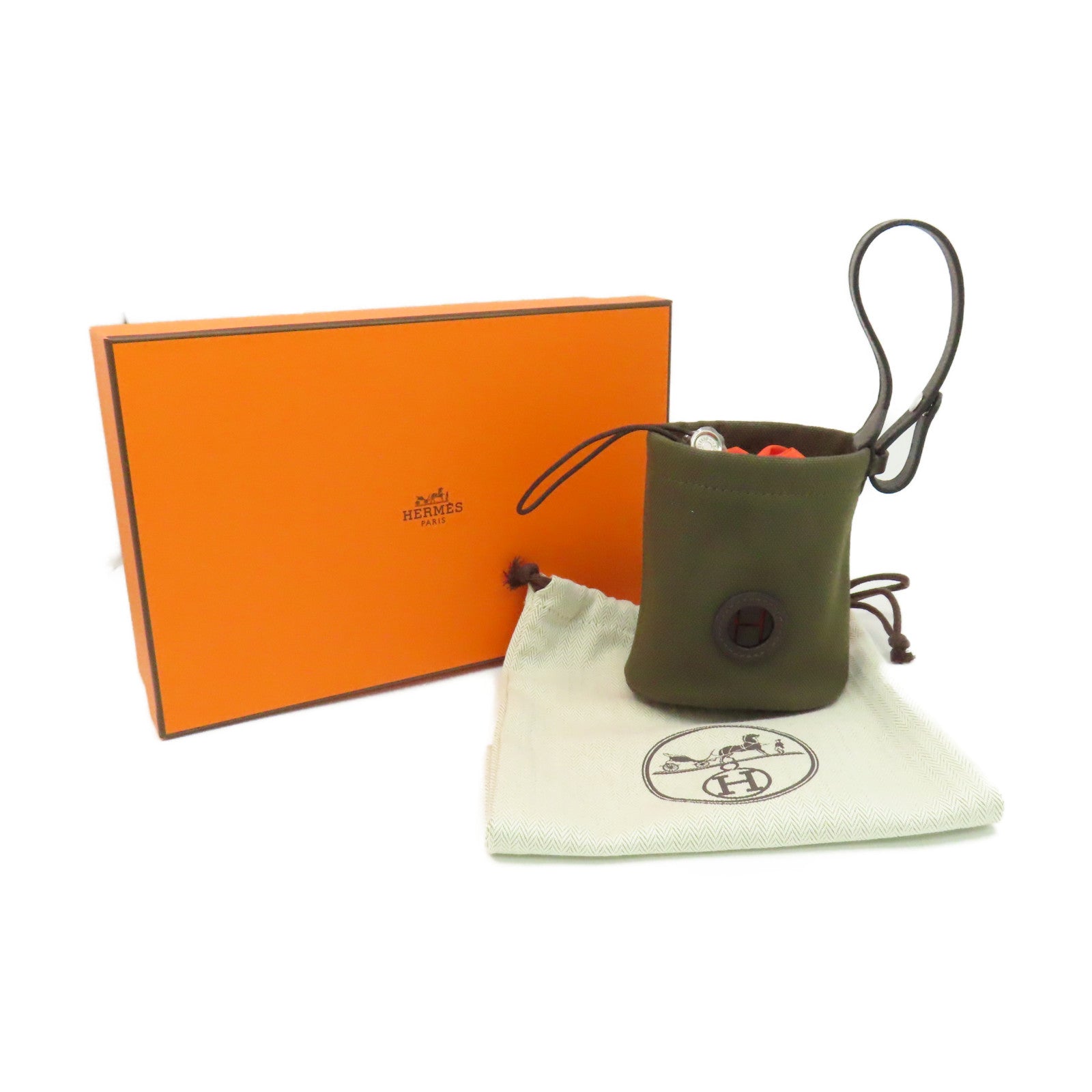 HERMES 帆布On The Go Dog Pouch銀扣手拿包軍綠色/橙色