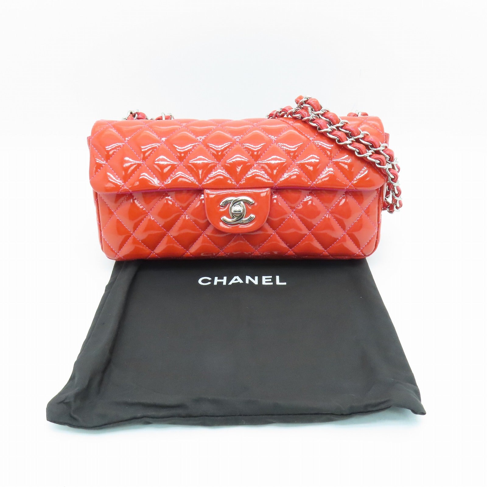 CHANEL 【激減優惠】菱格漆皮皮革Chain Shoulder Bag銀扣鏈帶肩背袋紅色