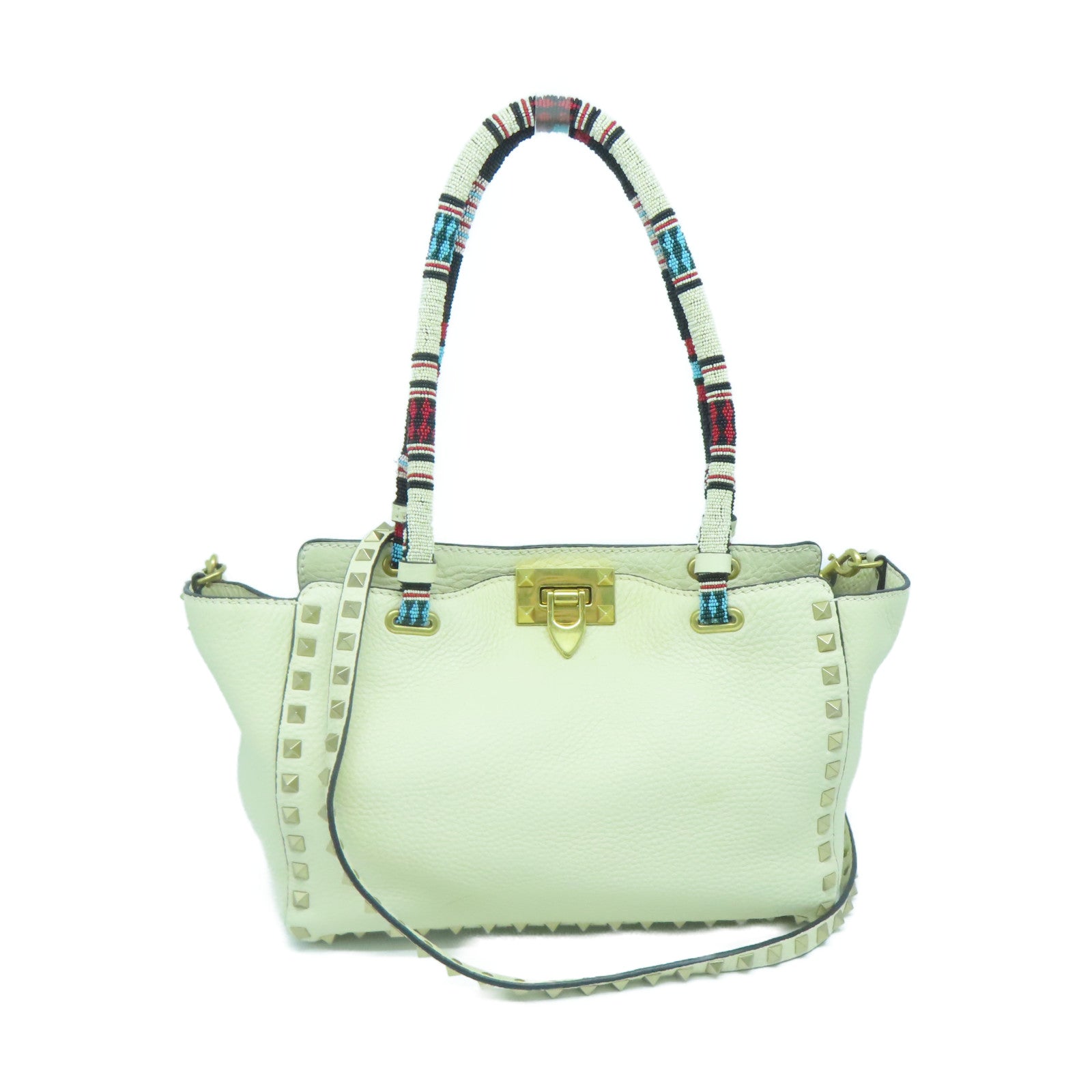 Valentino Cowhide Leather 2 Way Shoulder Gold Buckle Handle Shoulder Bag White