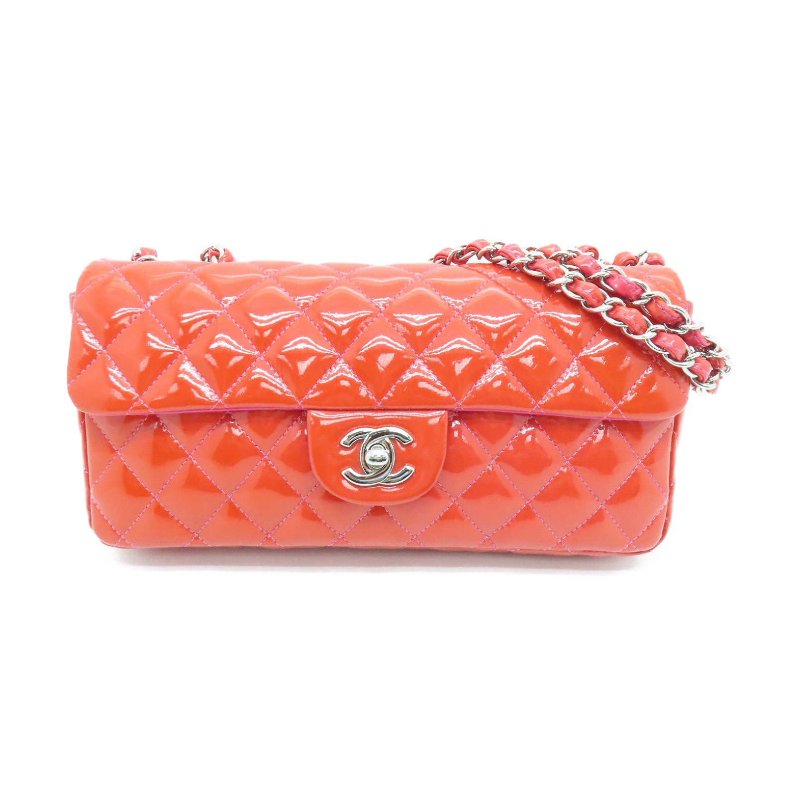 CHANEL 【激減優惠】菱格漆皮皮革Chain Shoulder Bag銀扣鏈帶肩背袋紅色
