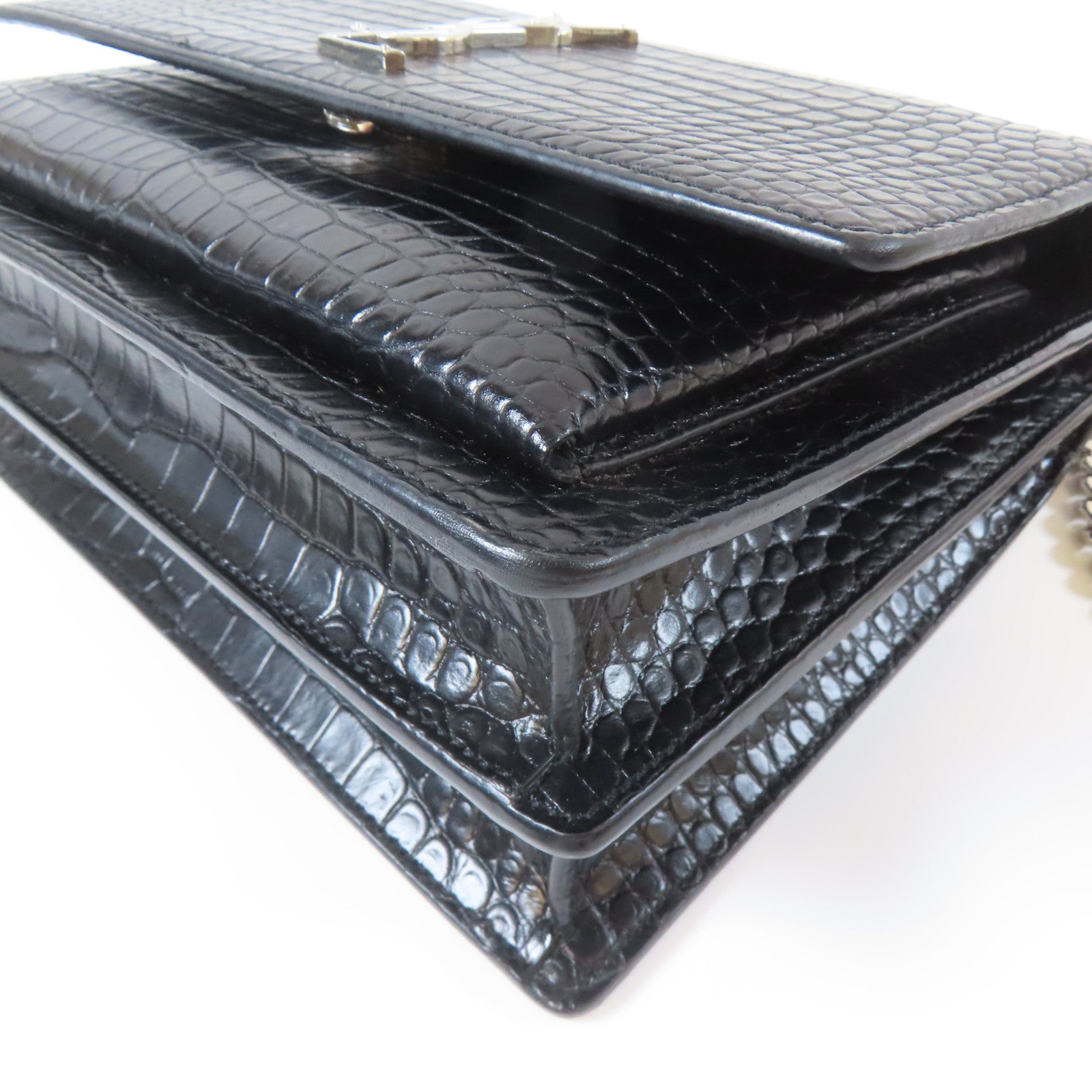 SAINT LAURENT 牛皮皮革Shoulder Bag銀扣鏈帶肩背袋黑色