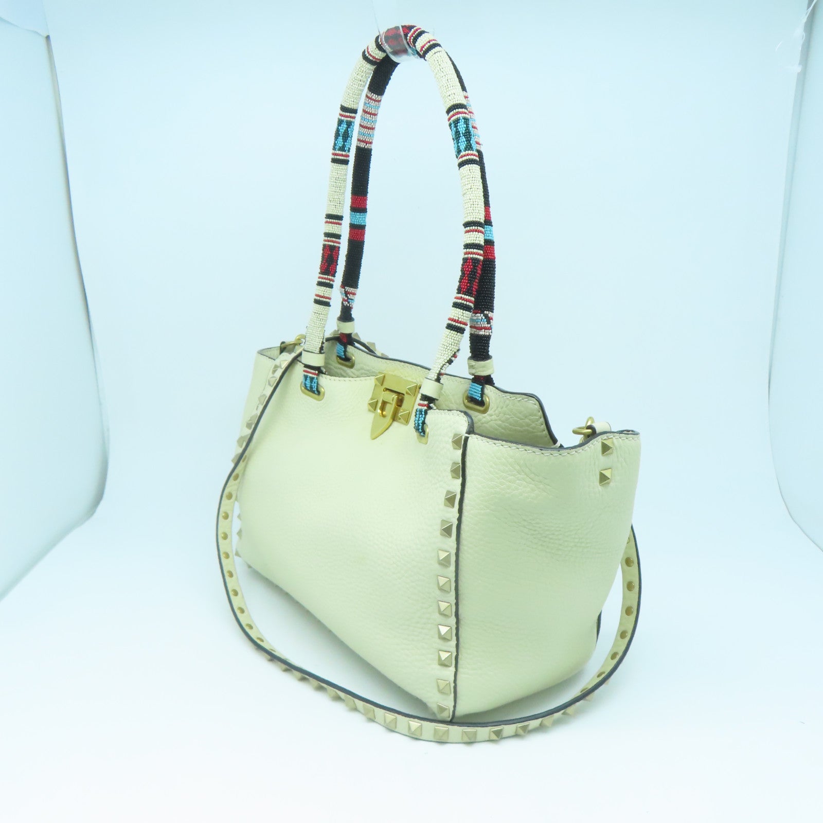 Valentino Cowhide Leather 2 Way Shoulder Gold Buckle Handle Shoulder Bag White