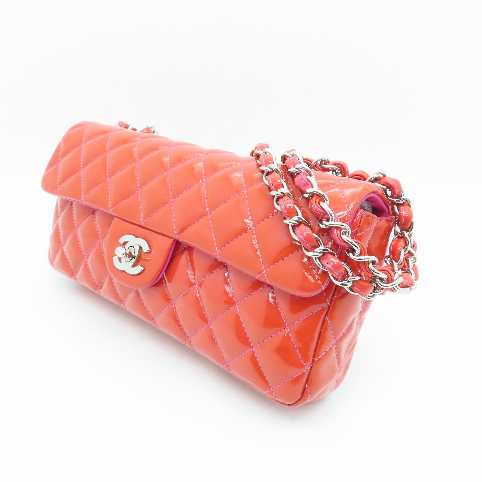 CHANEL 【激減優惠】菱格漆皮皮革Chain Shoulder Bag銀扣鏈帶肩背袋紅色