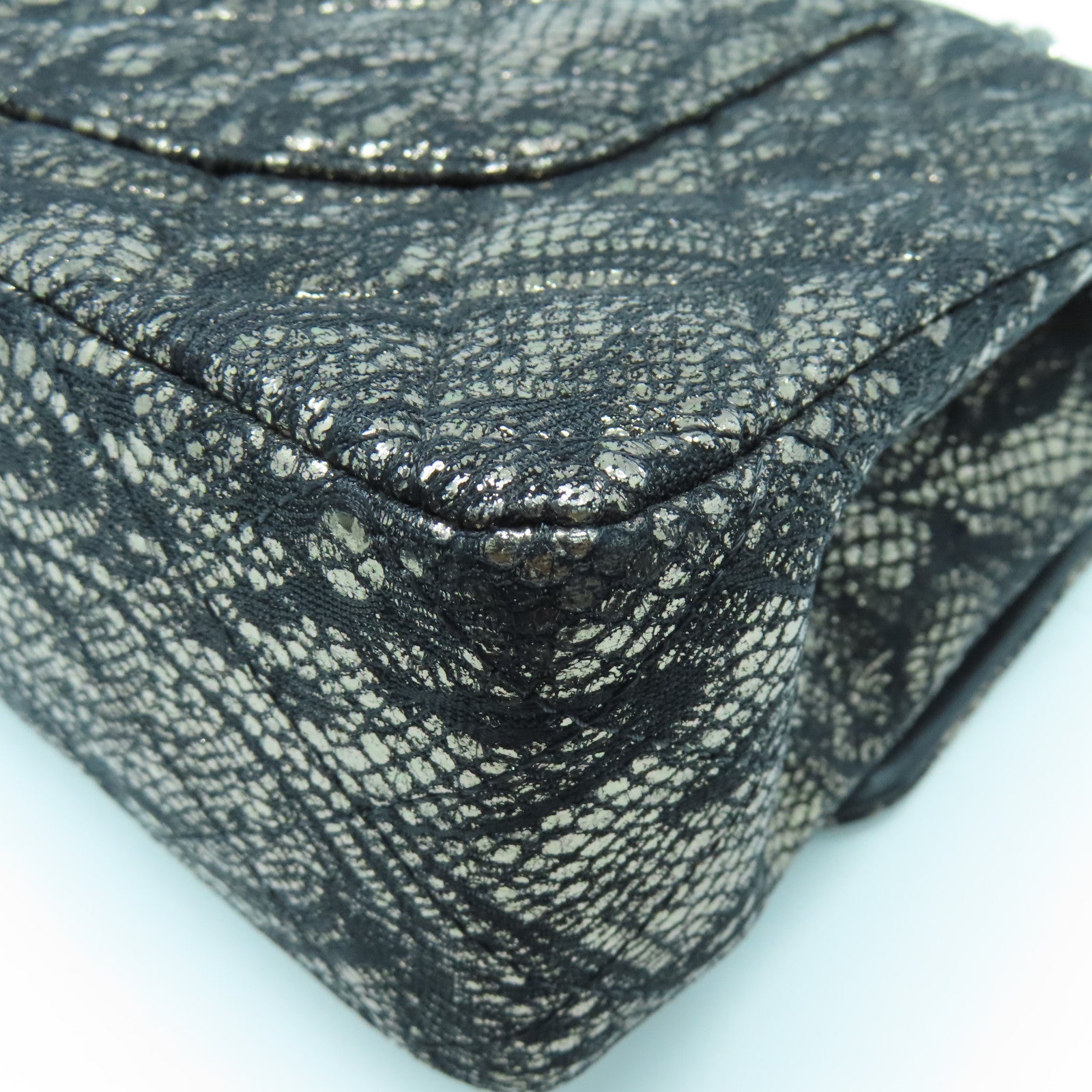 CHANEL 菱格Lace/皮革Shoulder Bag银扣链带肩背袋黑色