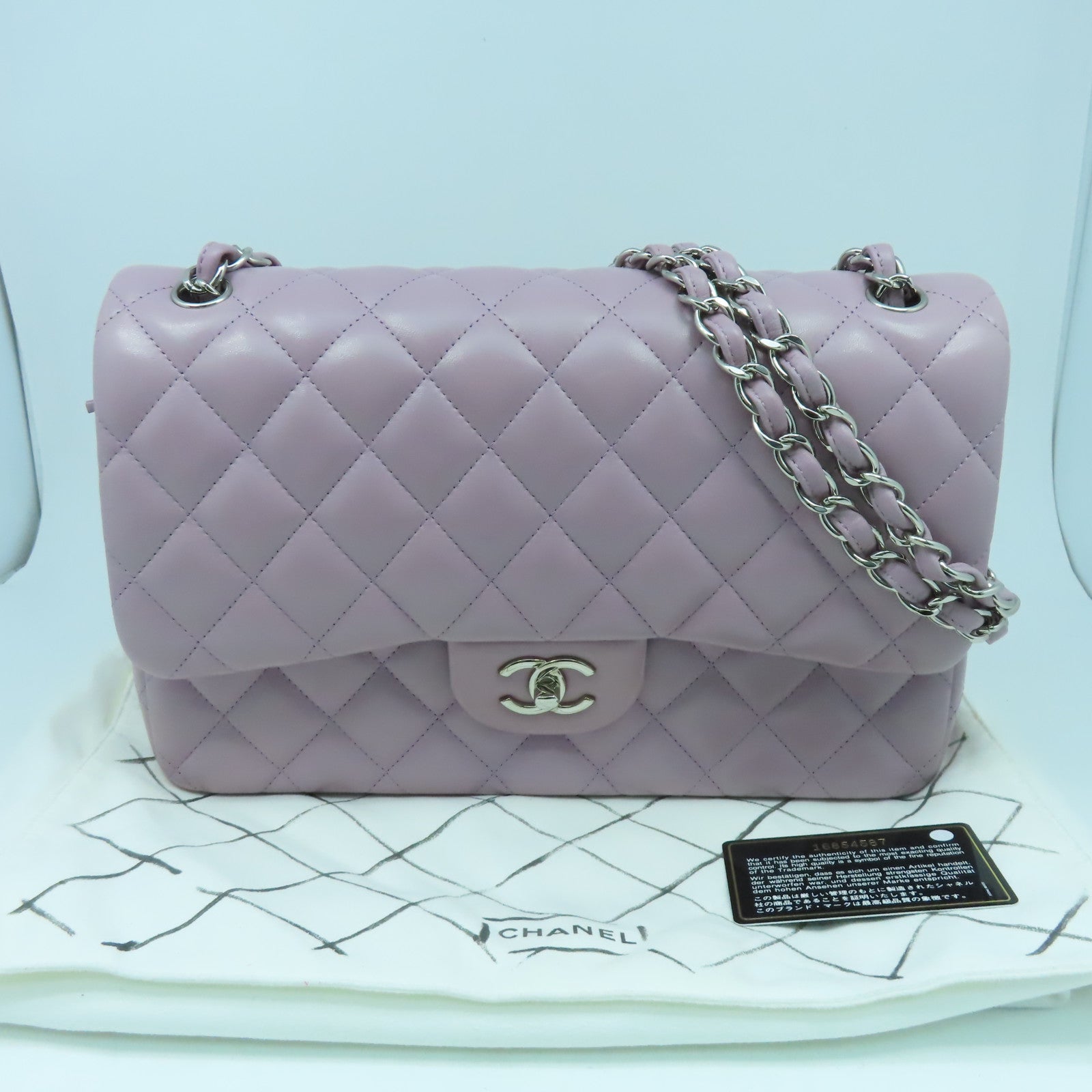 CHANEL 菱格羊皮皮革Classic Jumbo銀扣鏈帶肩背袋紫色