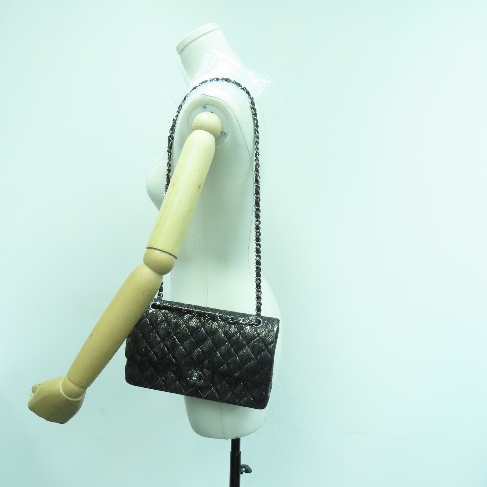 CHANEL 菱格Lace/皮革Shoulder Bag银扣链带肩背袋黑色