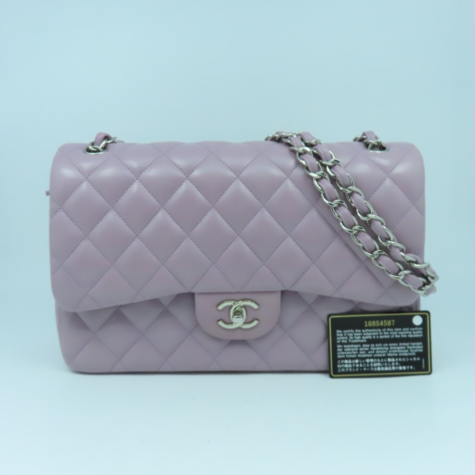 CHANEL 菱格羊皮皮革Classic Jumbo銀扣鏈帶肩背袋紫色