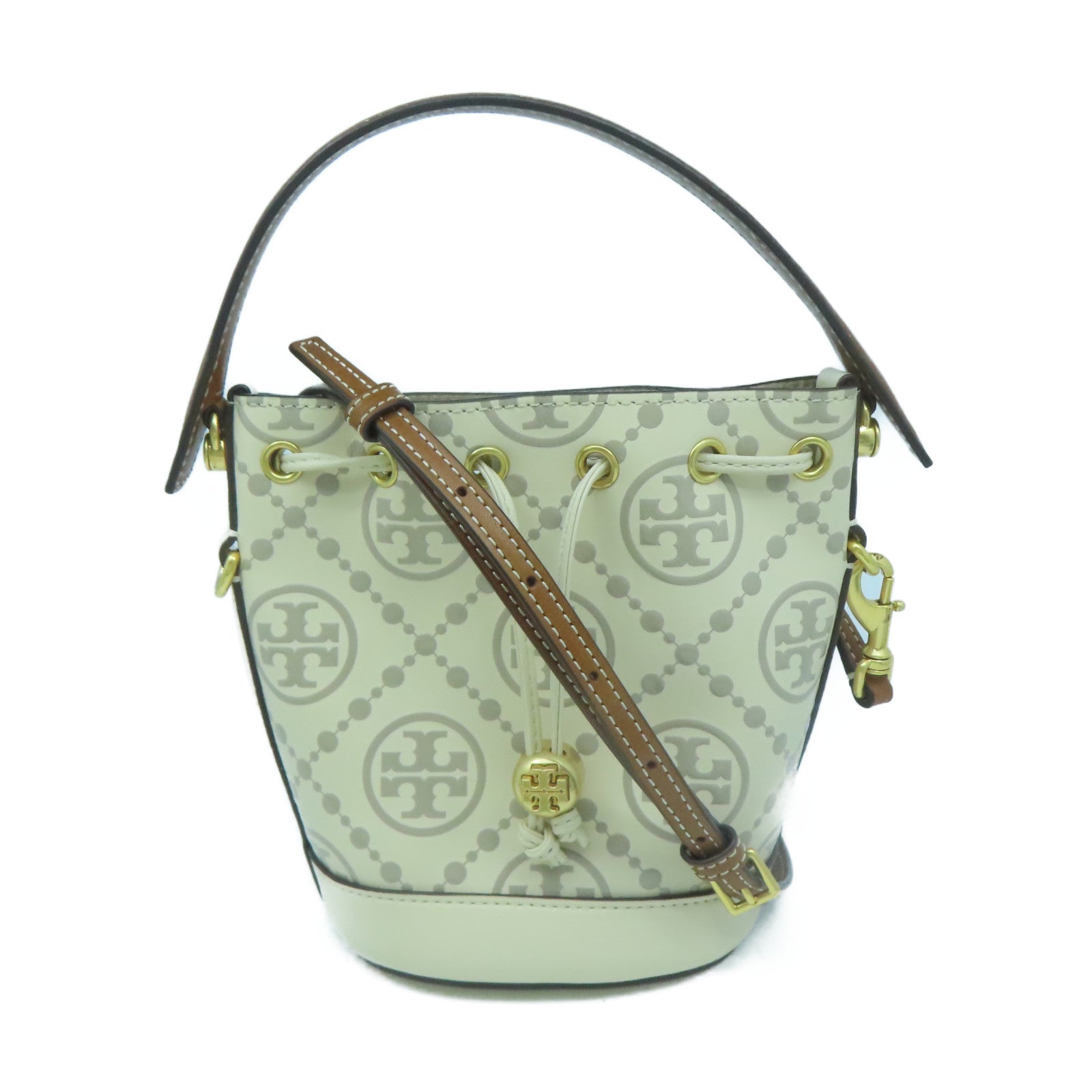 Tory Burch 牛皮皮革T Monogram Embossed Mini Bucket Bag金扣手挽肩背兩用袋米色/灰色