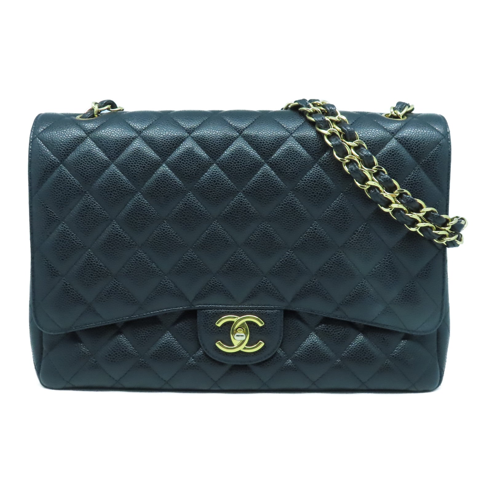 CHANEL 菱格Caviar皮革Maxi Jumbo金扣鏈帶肩背袋黑色