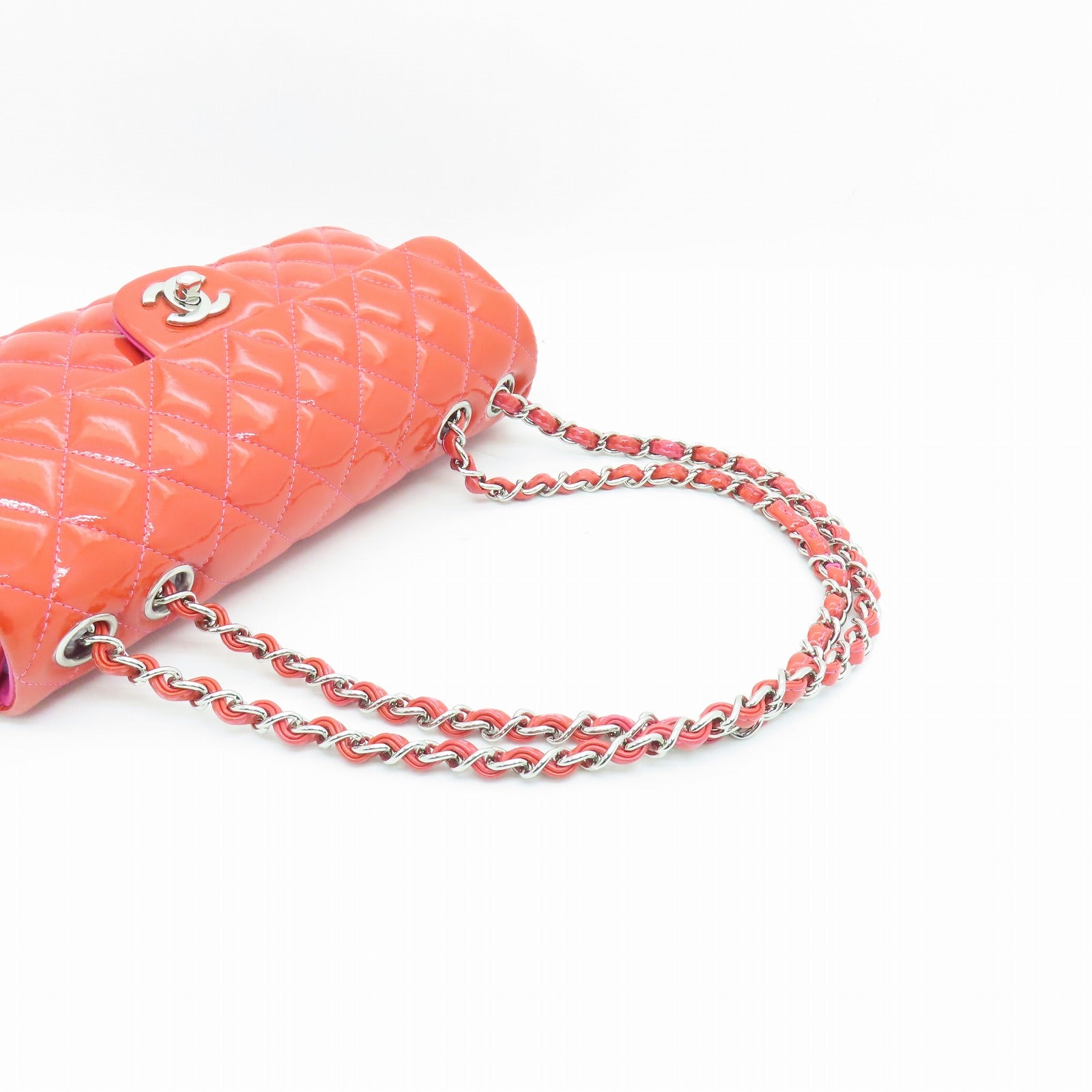 CHANEL 【激減優惠】菱格漆皮皮革Chain Shoulder Bag銀扣鏈帶肩背袋紅色