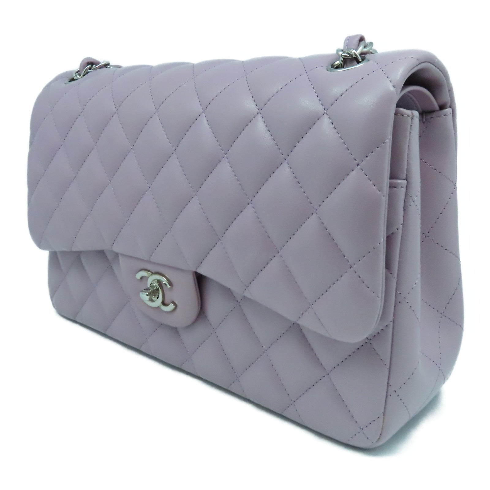 CHANEL 菱格羊皮皮革Classic Jumbo銀扣鏈帶肩背袋紫色