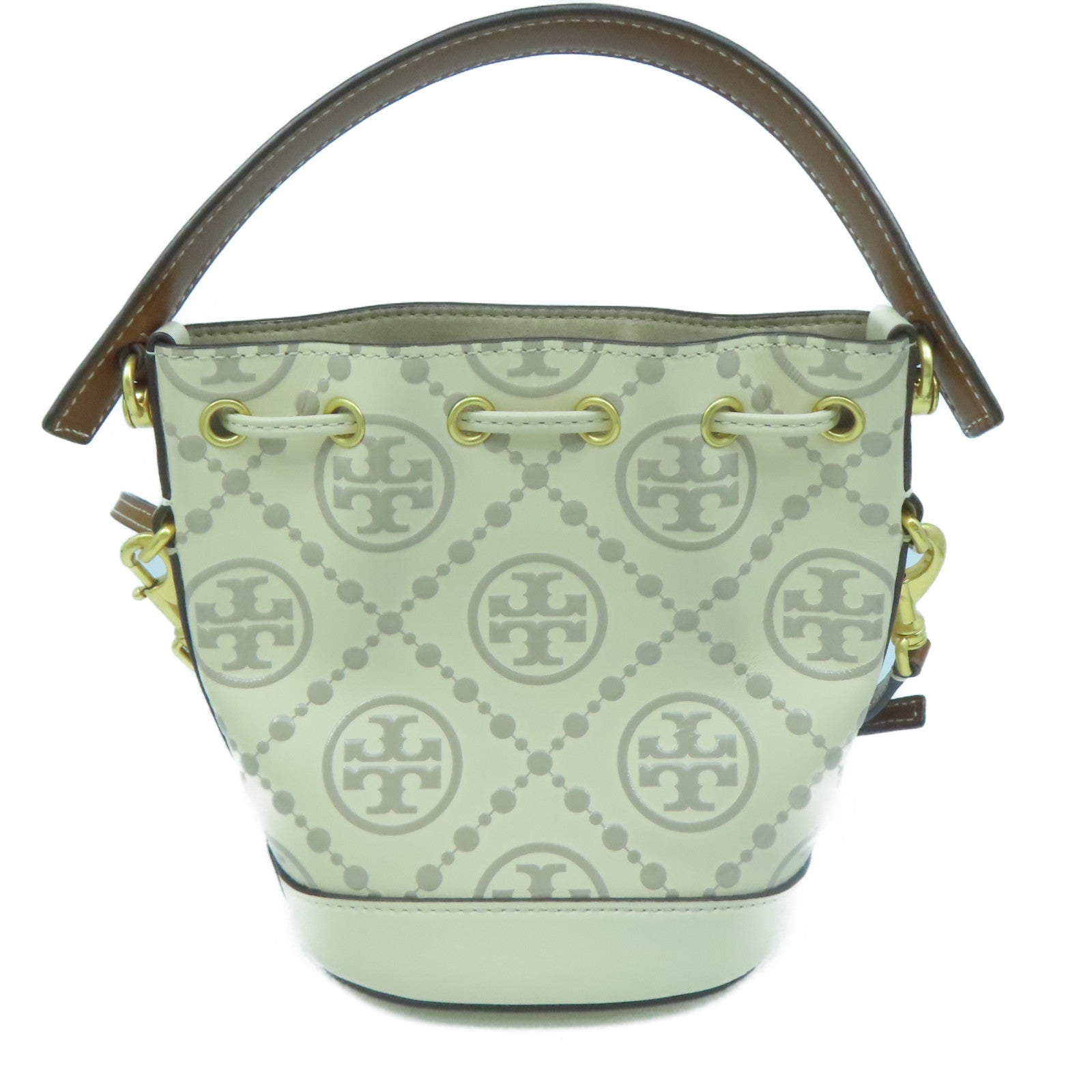 Tory Burch 牛皮皮革T Monogram Embossed Mini Bucket Bag金扣手挽肩背兩用袋米色/灰色