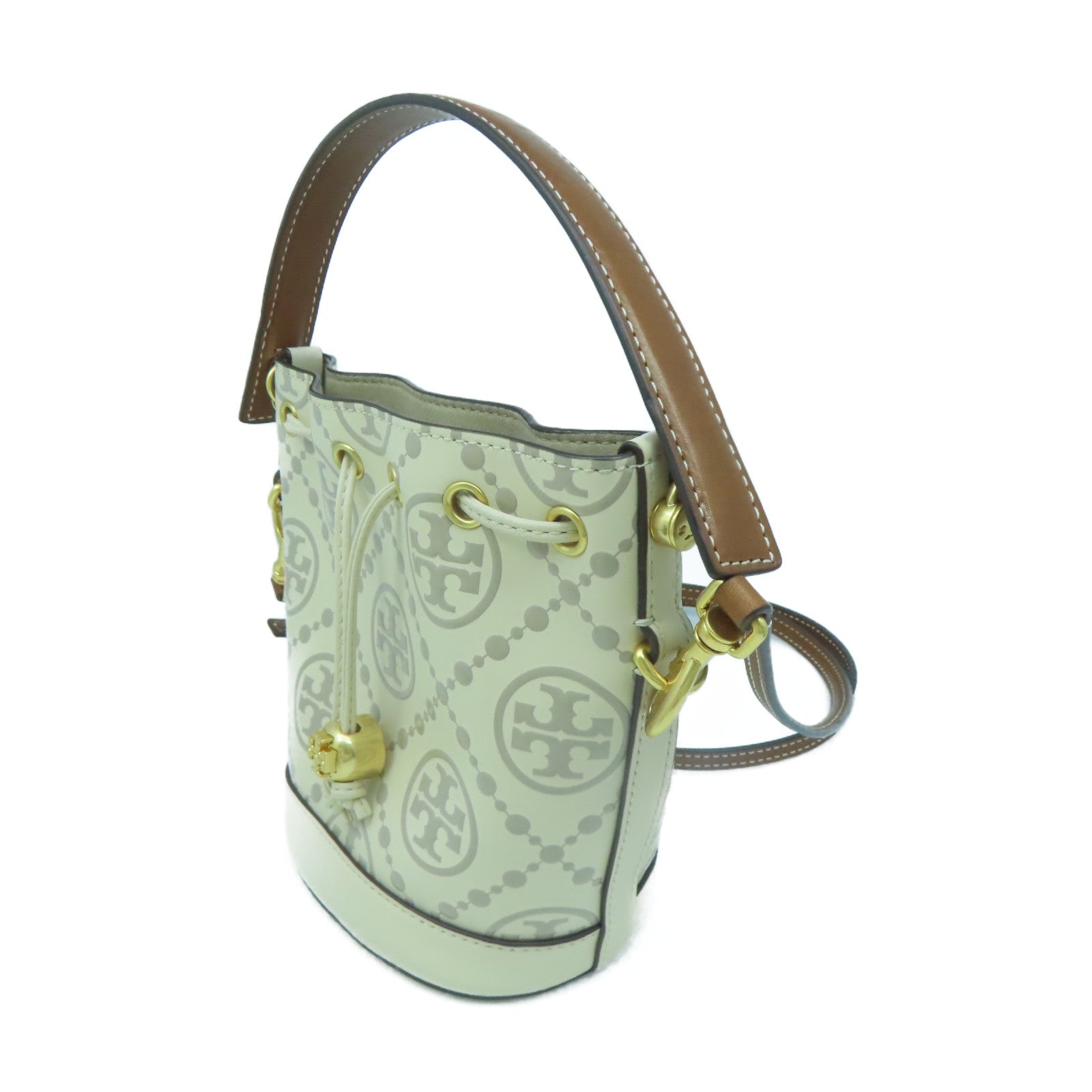 Tory Burch 牛皮皮革T Monogram Embossed Mini Bucket Bag金扣手挽肩背兩用袋米色/灰色