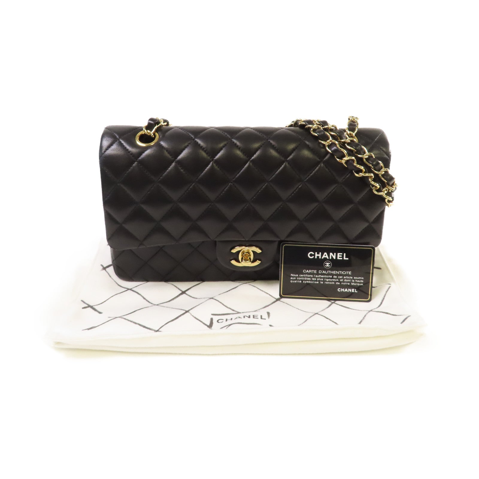 CHANEL 菱格羊皮皮革Classic 25cm Chain Shoulder Bag金扣鏈帶肩背袋黑色