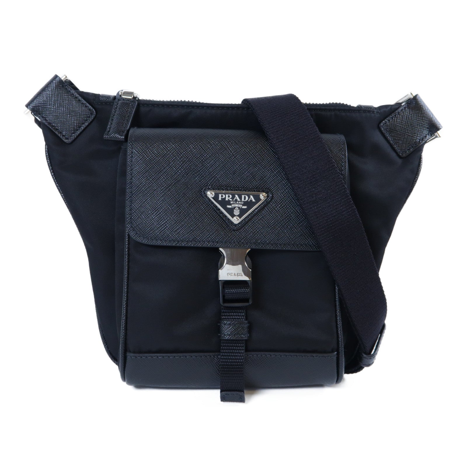 PRADA 尼龍/Saffiano皮革Shoulder Bag銀扣肩背袋黑色