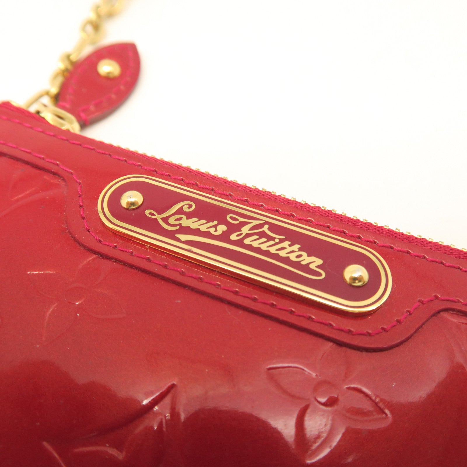 LOUIS VUITTON Monogram Vernis Pochette Cles Gold Buckle Key Bag Red