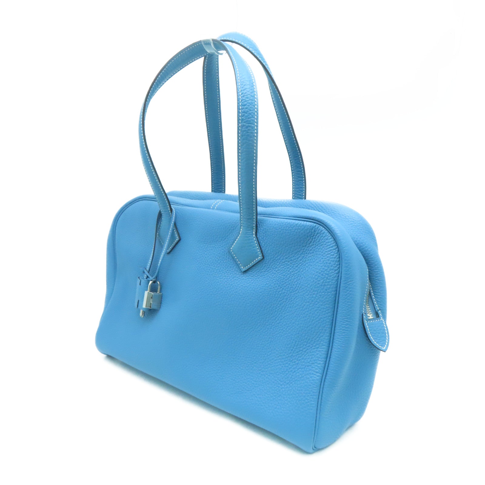 HERMES Clemence皮革Victoria银扣手挽袋/肩背袋Blue Jean/蓝色