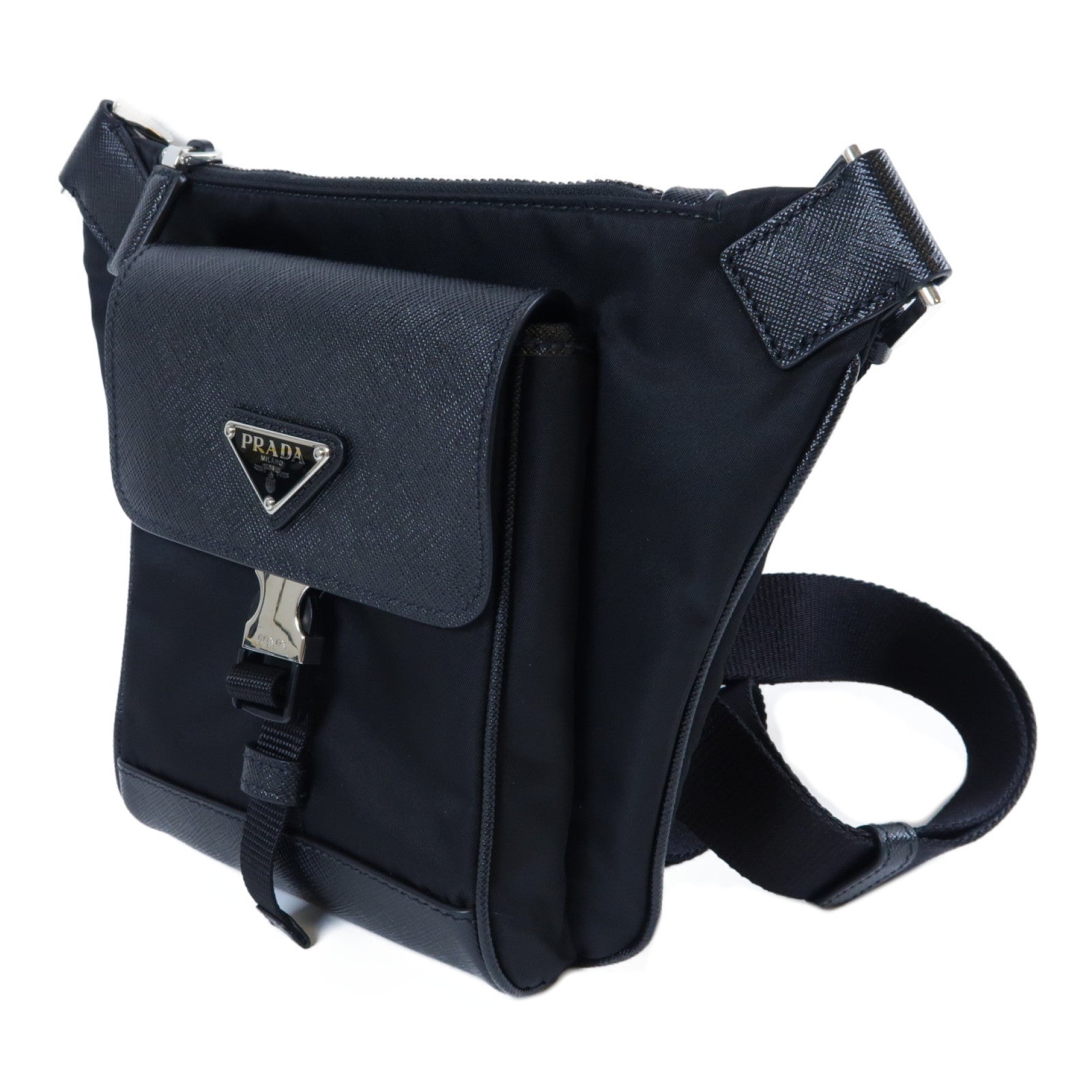 PRADA 尼龍/Saffiano皮革Shoulder Bag銀扣肩背袋黑色