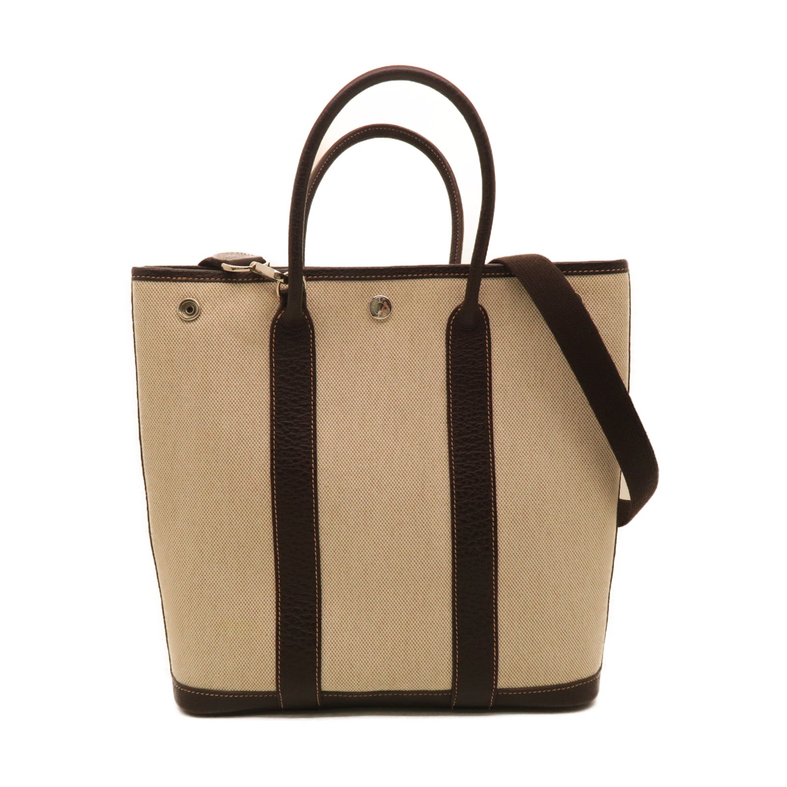 HERMES Negonda Leather Garden Party TPM Silver Buckle Handle Bag Beige/Brown