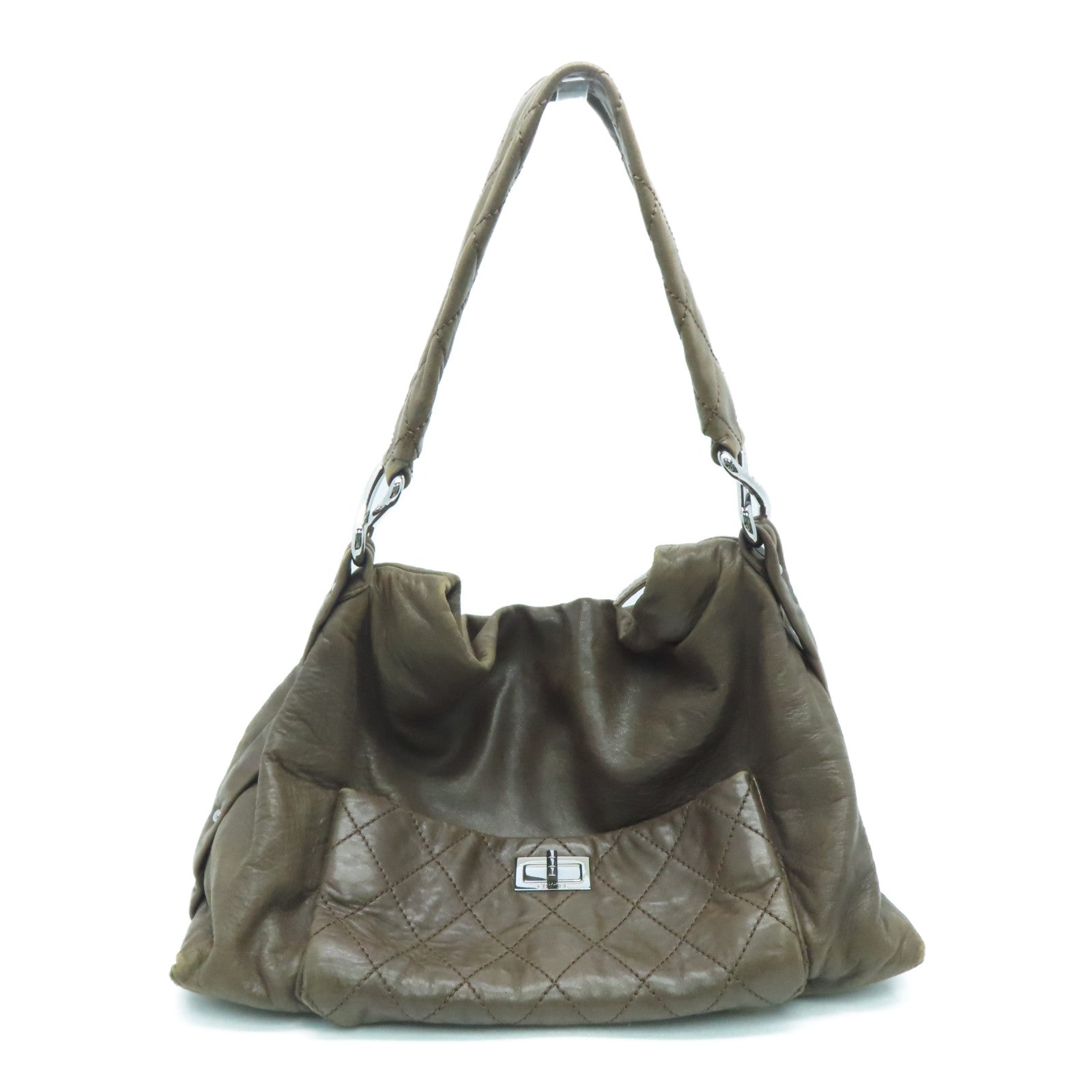 CHANEL 【激减优惠】菱格牛皮皮革Shoulder Bag银扣肩背袋啡色