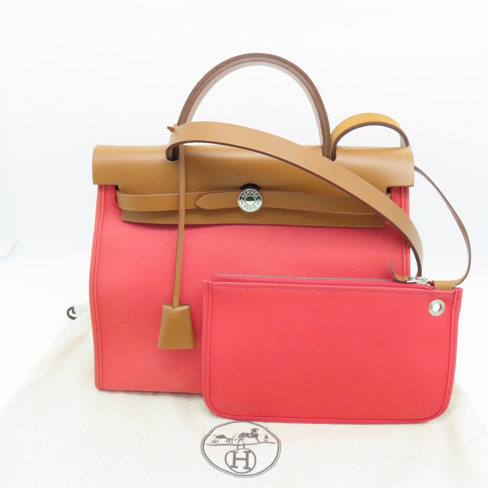 HERMES 帆布Herbag PM銀扣手挽肩背兩用袋粉紅色