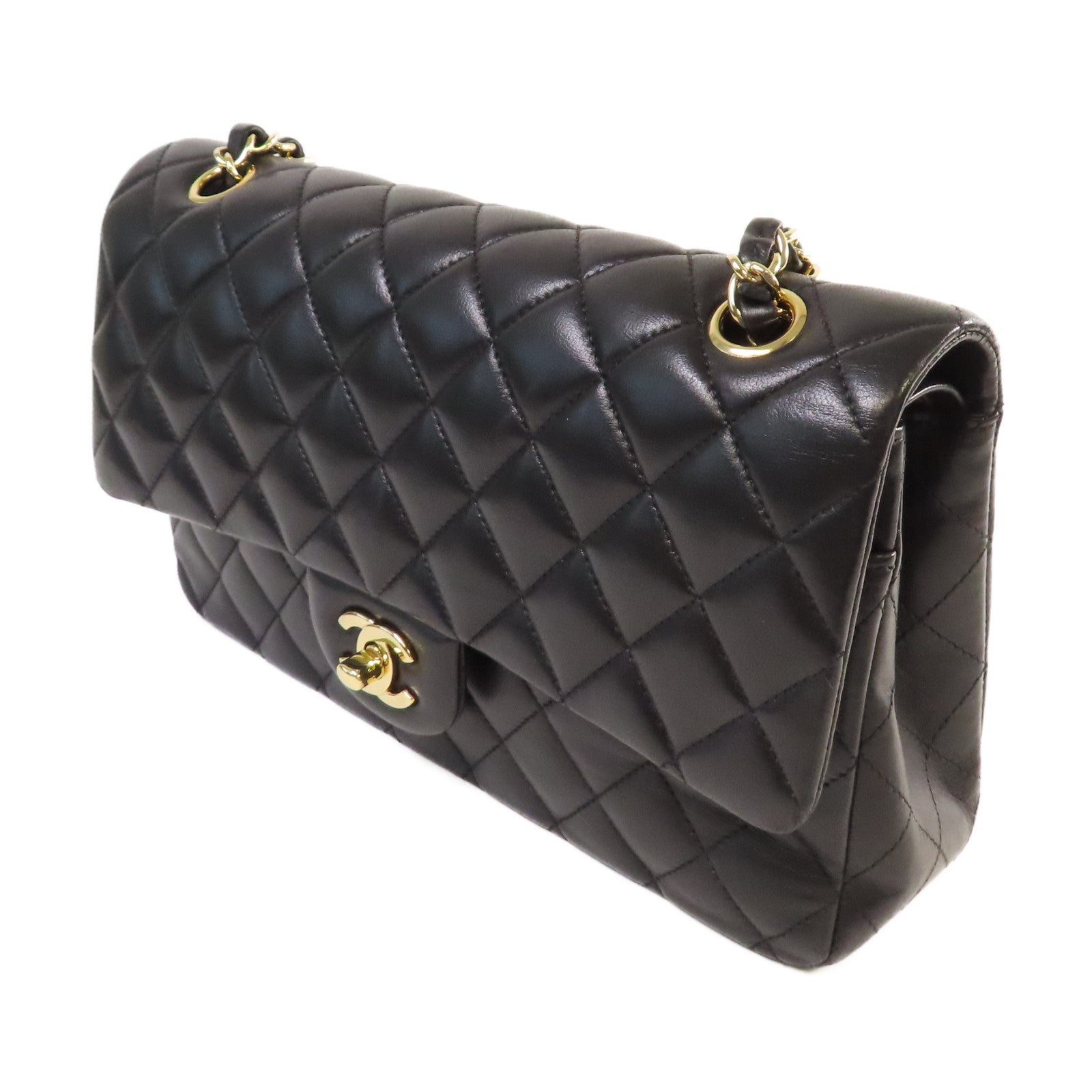 CHANEL 菱格羊皮皮革Classic 25cm Chain Shoulder Bag金扣鏈帶肩背袋黑色
