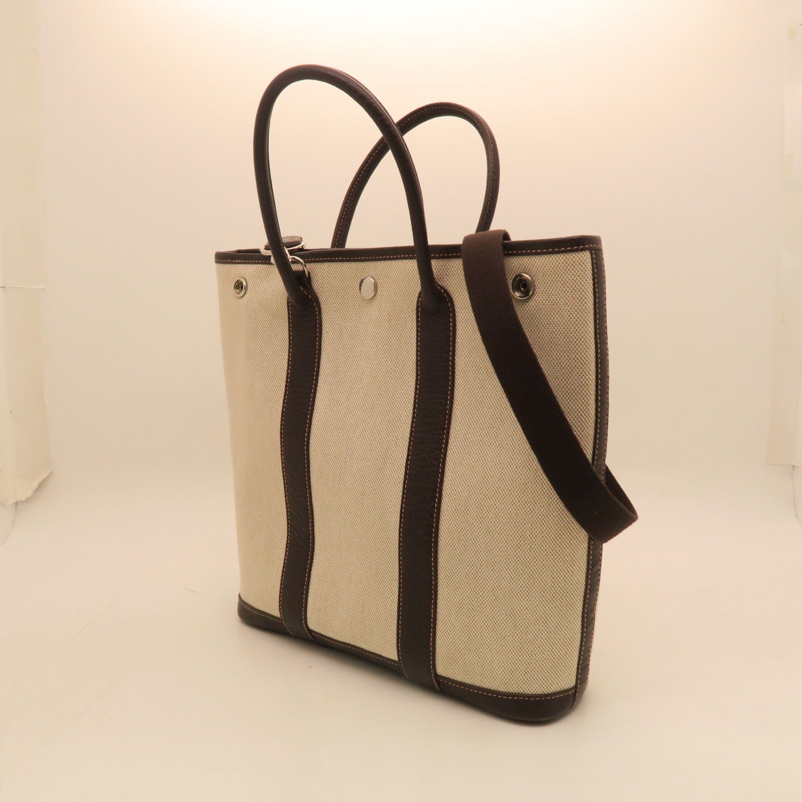 HERMES Negonda Leather Garden Party TPM Silver Buckle Handle Bag Beige/Brown