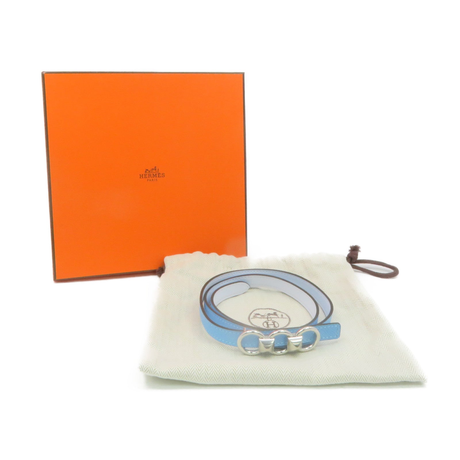 HERMES Epsom Leather Belt 70cm Silver Buckle Belt P3 Light Blue