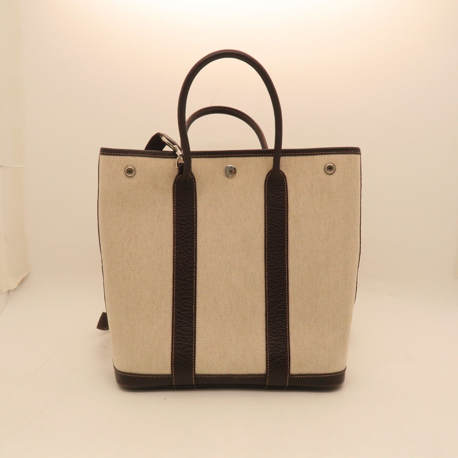 HERMES Negonda Leather Garden Party TPM Silver Buckle Handle Bag Beige/Brown